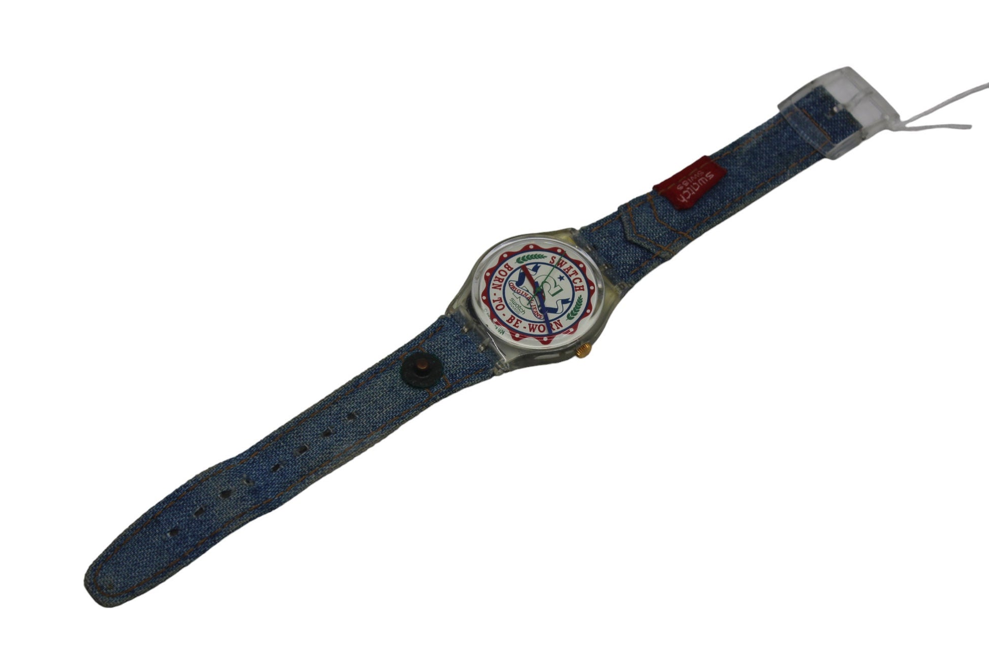 1995 Vintage Gents Swatch 'Red Tag' GK190, nice, used condition, working 100% with the original denim strap