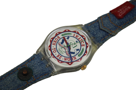 1995 Vintage Gents Swatch 'Red Tag' GK190, nice, used condition, working 100% with the original denim strap