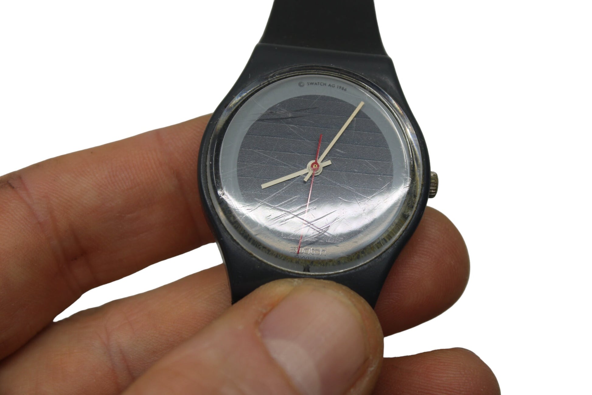 1987 Vintage Gents Swatch 'Silver Circle' GA105, Much used Condition, working 100% READ DESCRIPTION