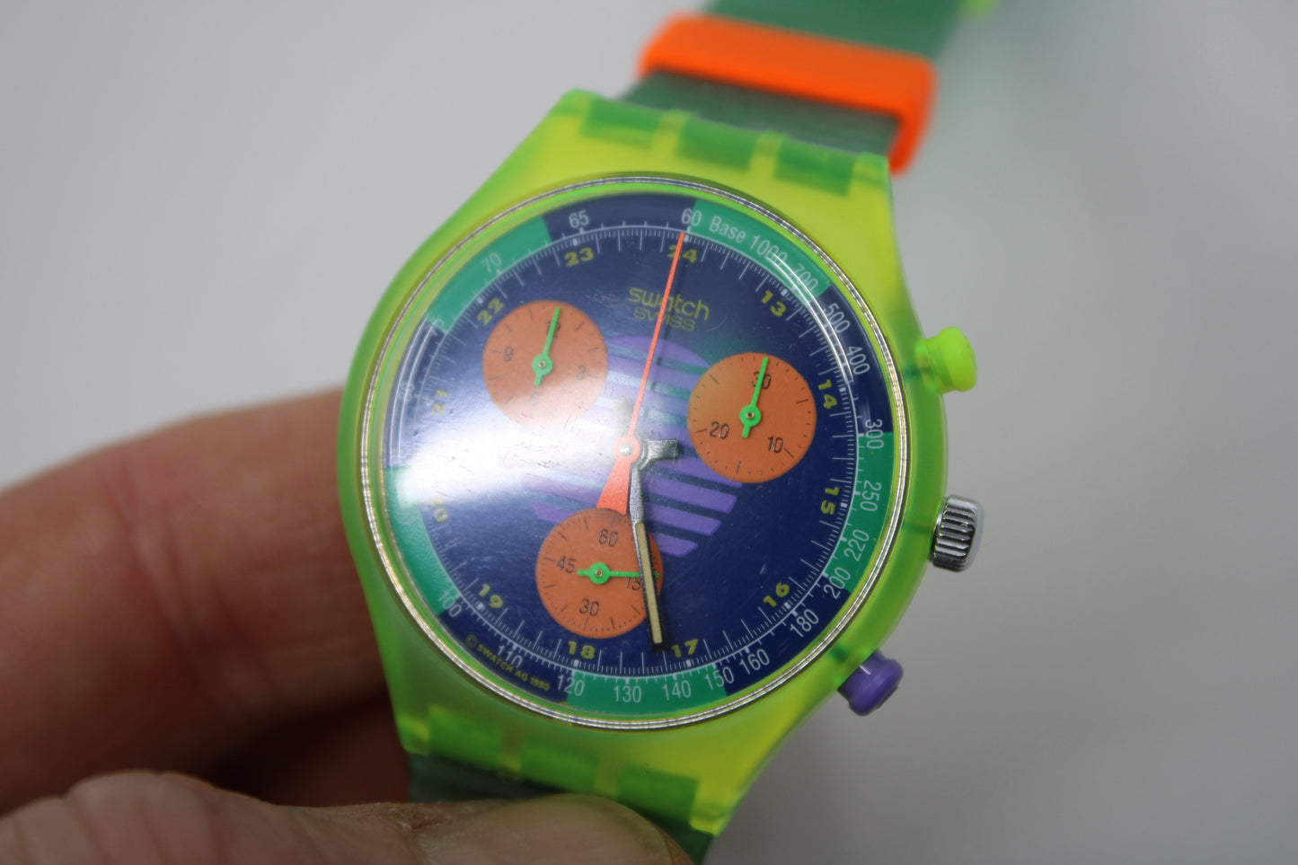 NEW, Unused 1991 Swatch Neo Wave wristwatch, SCJ100 Fluorescent Chronograph, Original Strap