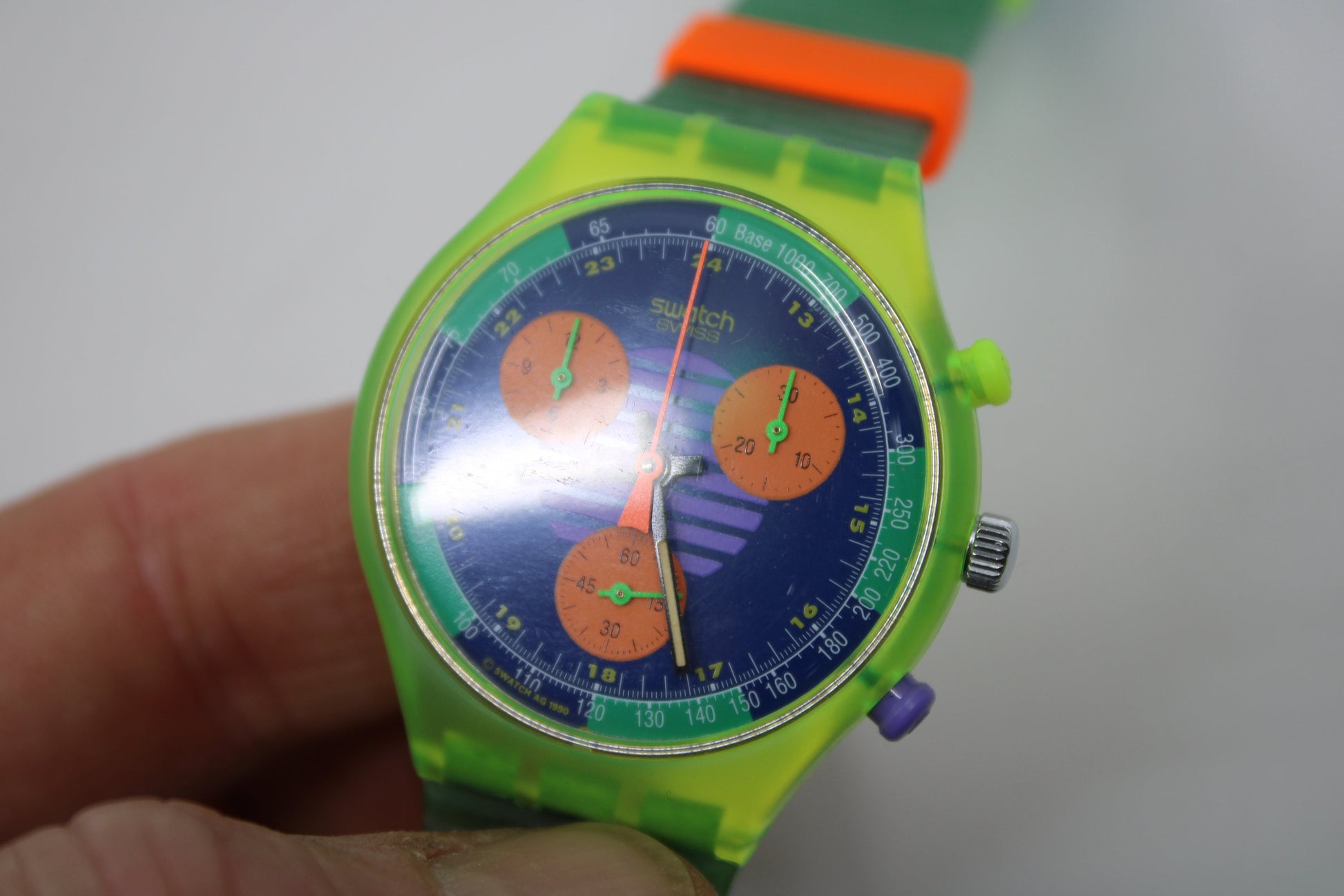 NEW, Unused 1991 Swatch Neo Wave wristwatch, SCJ100 Fluorescent Chronograph, Original Strap