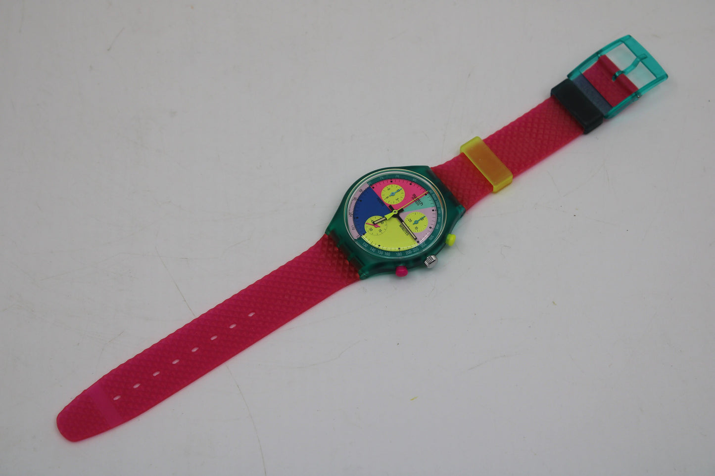 NEW, Unused 1991 Swatch Flash Arrow wristwatch, SCL100 Fluorescent Chronograph, Original Strap