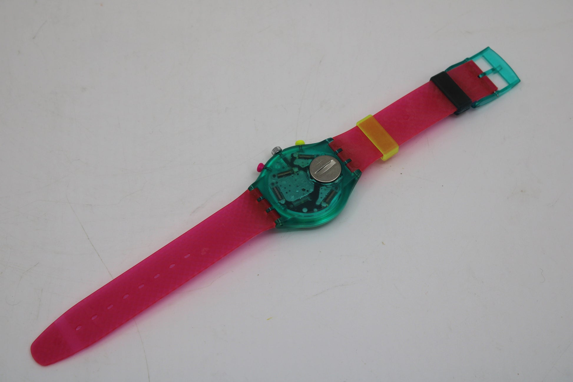 NEW, Unused 1991 Swatch Flash Arrow wristwatch, SCL100 Fluorescent Chronograph, Original Strap