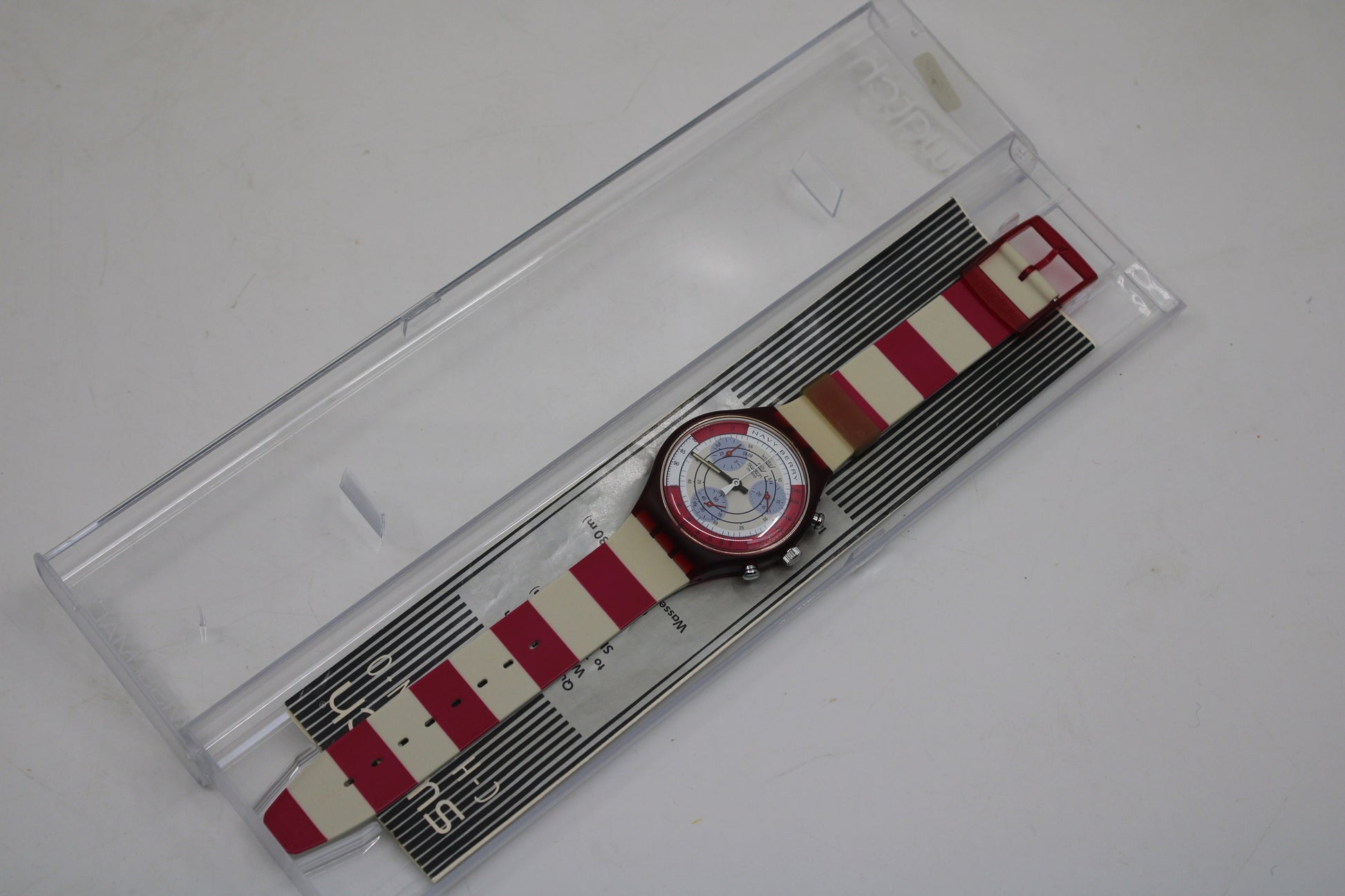 1991 'Navy Berry' vintage Gents Chrono Swatch SCR100, NEW OLD STOCK, Never Worn, with the original strap