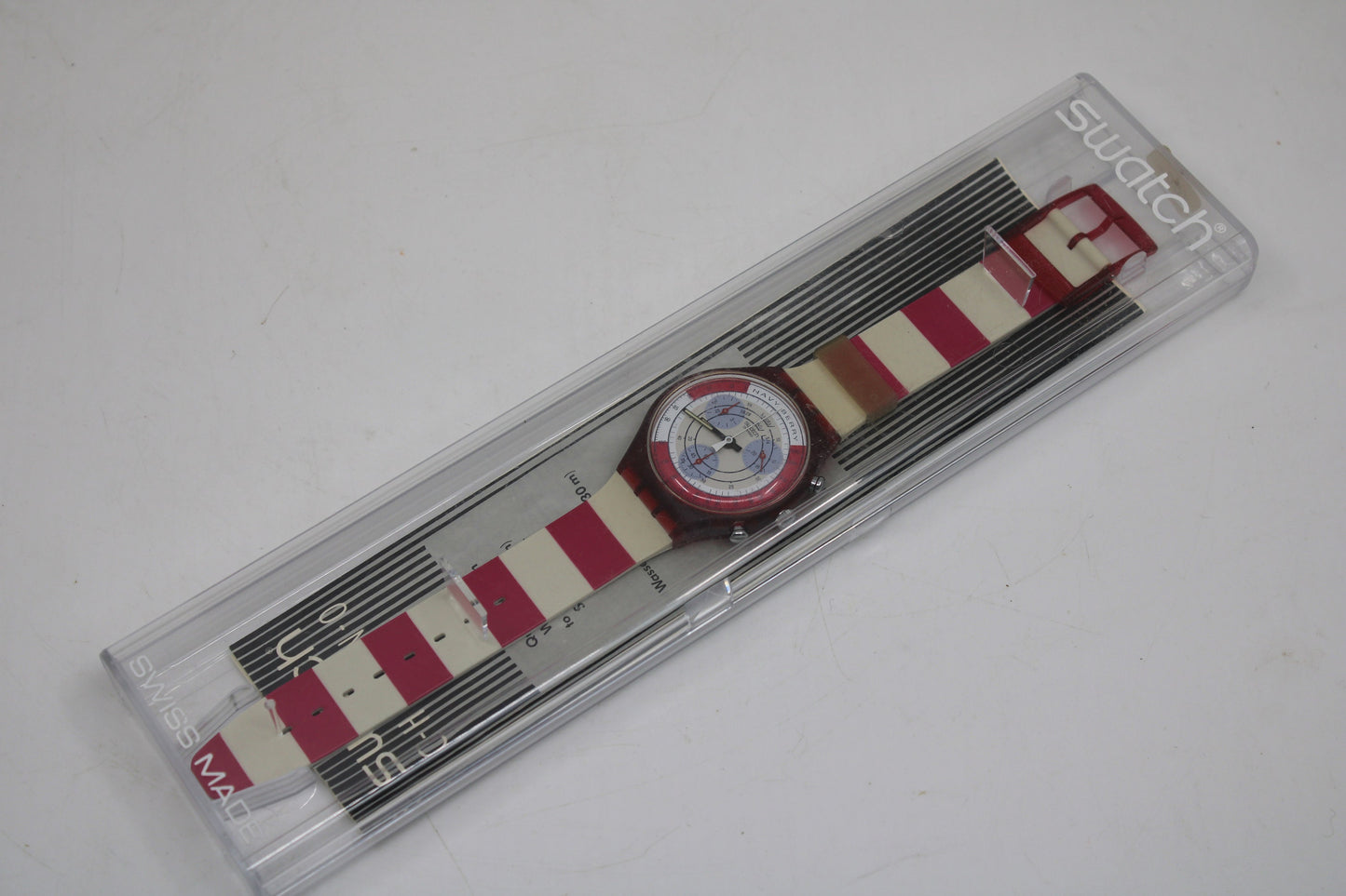 1991 'Navy Berry' vintage Gents Chrono Swatch SCR100, NEW OLD STOCK, Never Worn, with the original strap