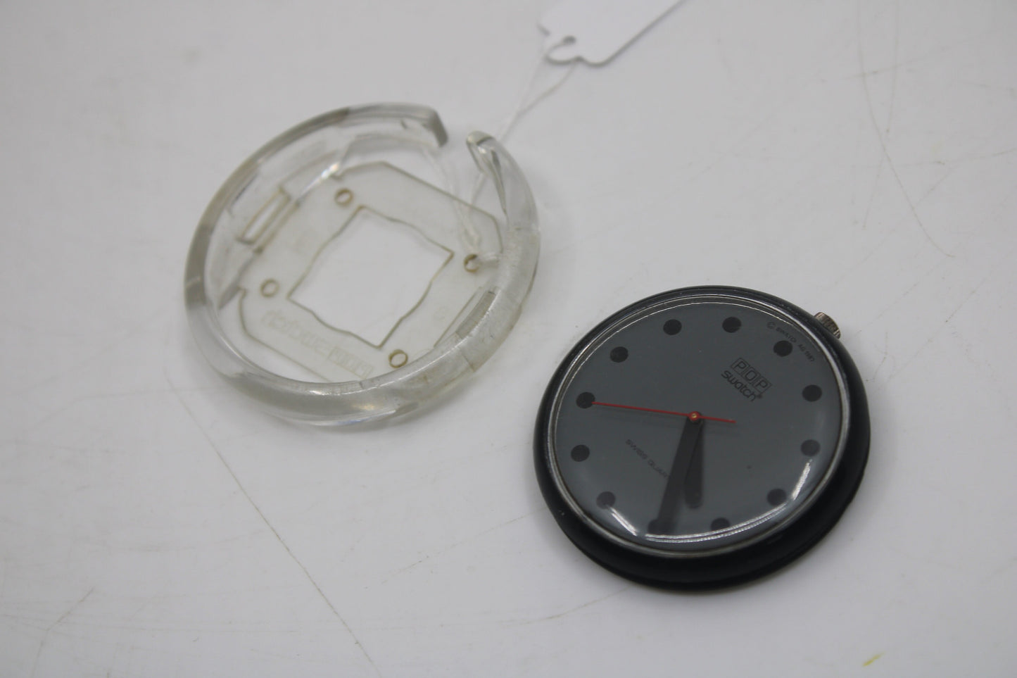 1987, Swatch, PopSwatch, 'Black Dots', BB103, nice, much used condition, NO strap, watch + ring only