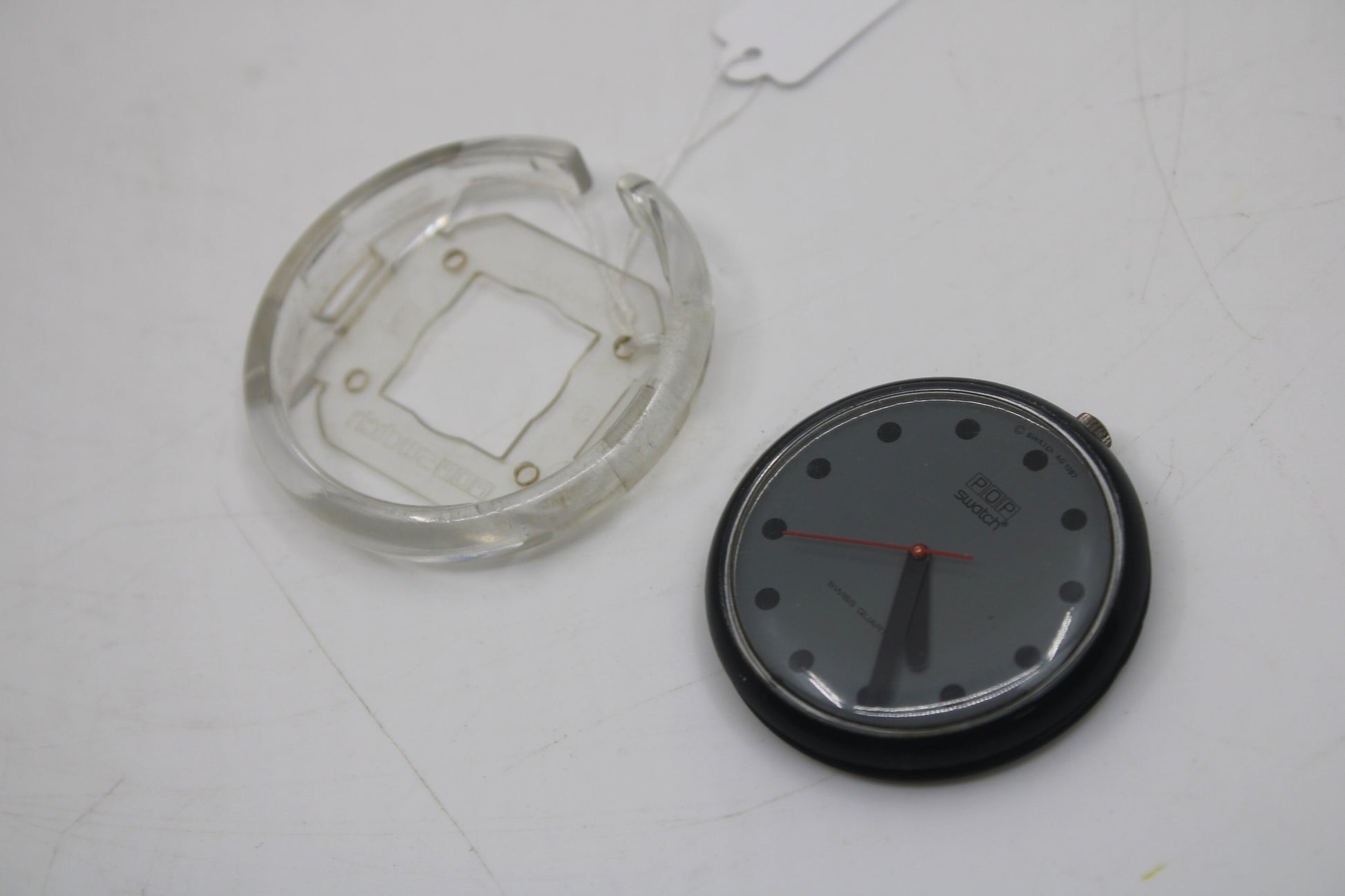 1987, Swatch, PopSwatch, 'Black Dots', BB103, nice, much used condition, NO strap, watch + ring only