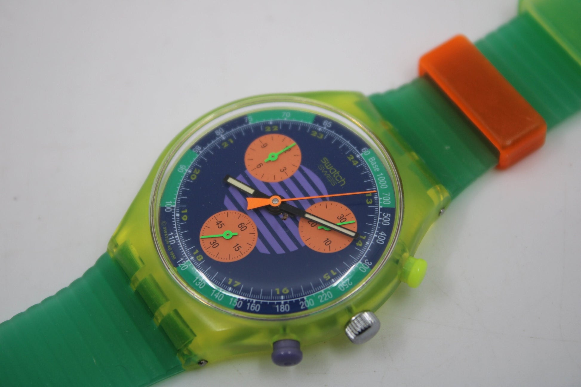 NEAR MINT 1991 Swatch Neo Wave wristwatch, SCJ100 Fluorescent Chronograph, Original Strap