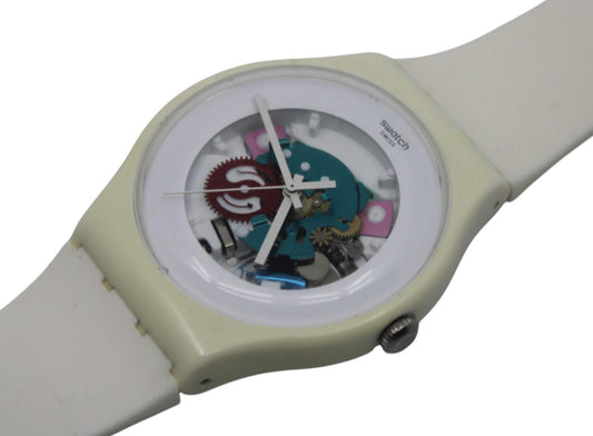 This is a nice, vintage, 41mm new gents Swatch from the early 2000s, called the White Lacquered, Model number SUOW100
