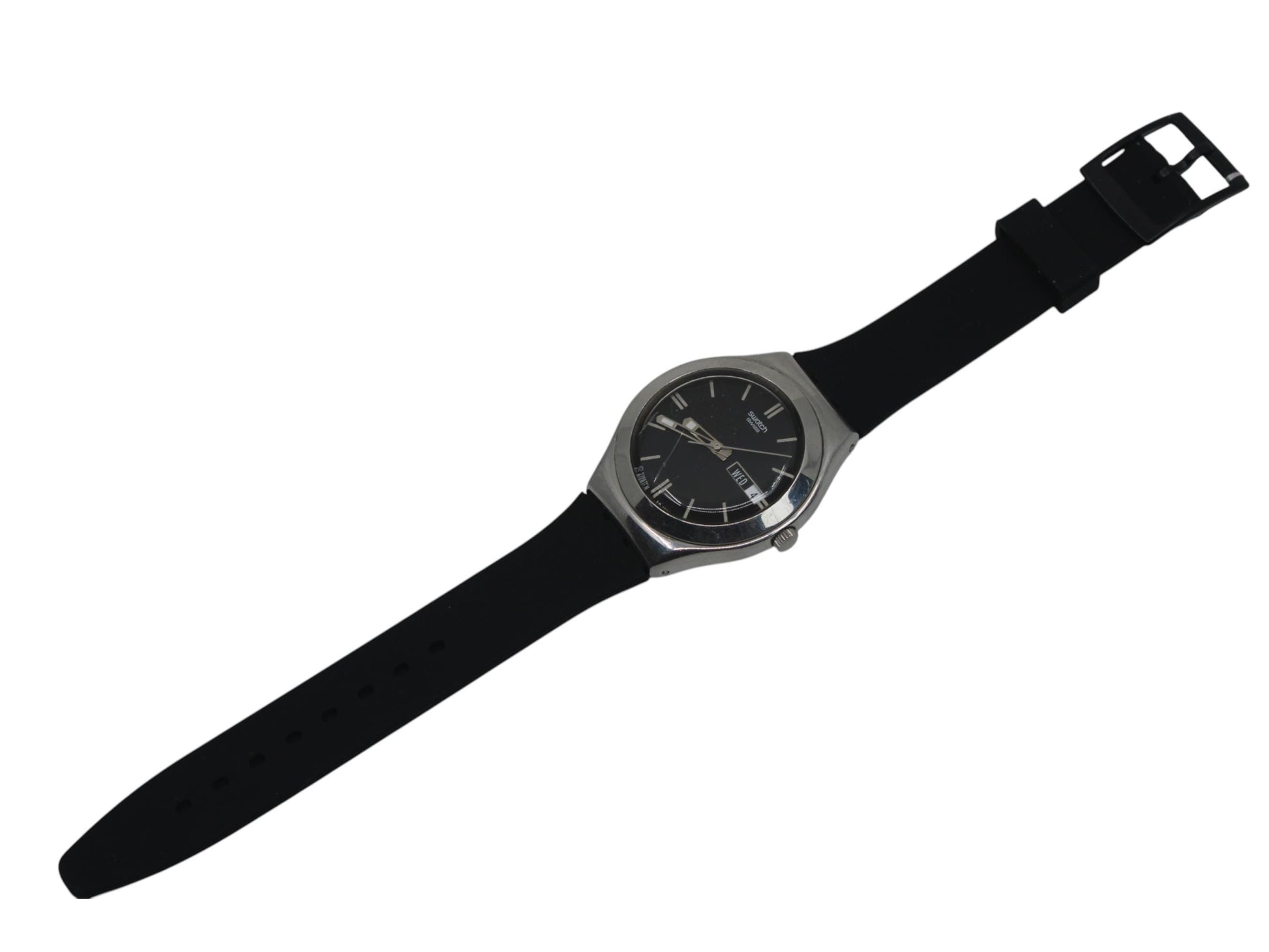 Swatch Irony, 'Black Guard Too' YGS714, No Box, Brand New Strap, Working fine, CRACKED crystal