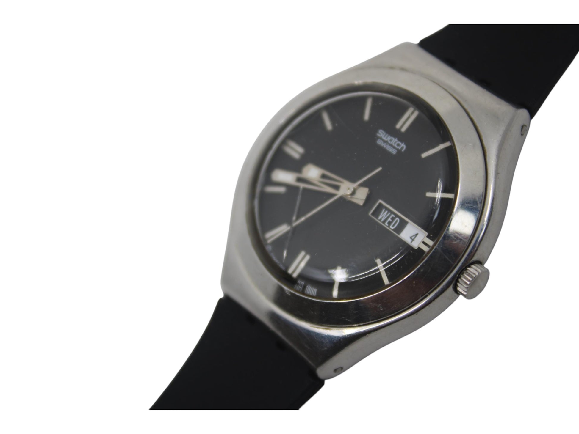 Swatch Irony, 'Black Guard Too' YGS714, No Box, Brand New Strap, Working fine, CRACKED crystal