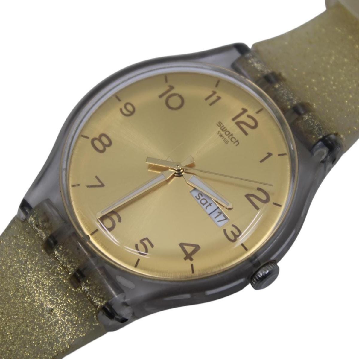 New Gents Swatch 'Golden Sparkle' SUON101, in used condition, working fine with the original strap