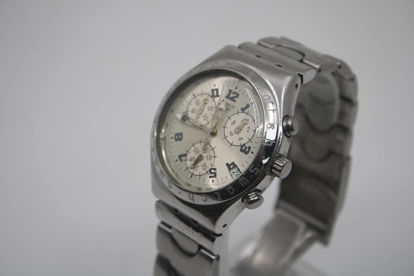 vintage IRONY Chrono Swatch YCS411, 'Cadmos White' Good, Used Condition, Clock Working