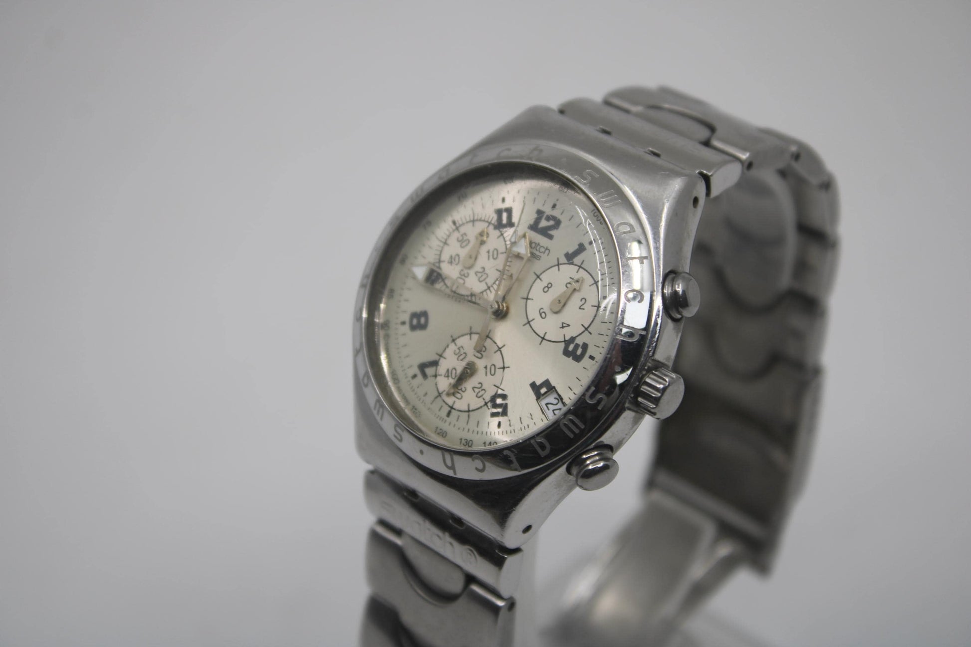 vintage IRONY Chrono Swatch YCS411, 'Cadmos White' Good, Used Condition, Clock Working