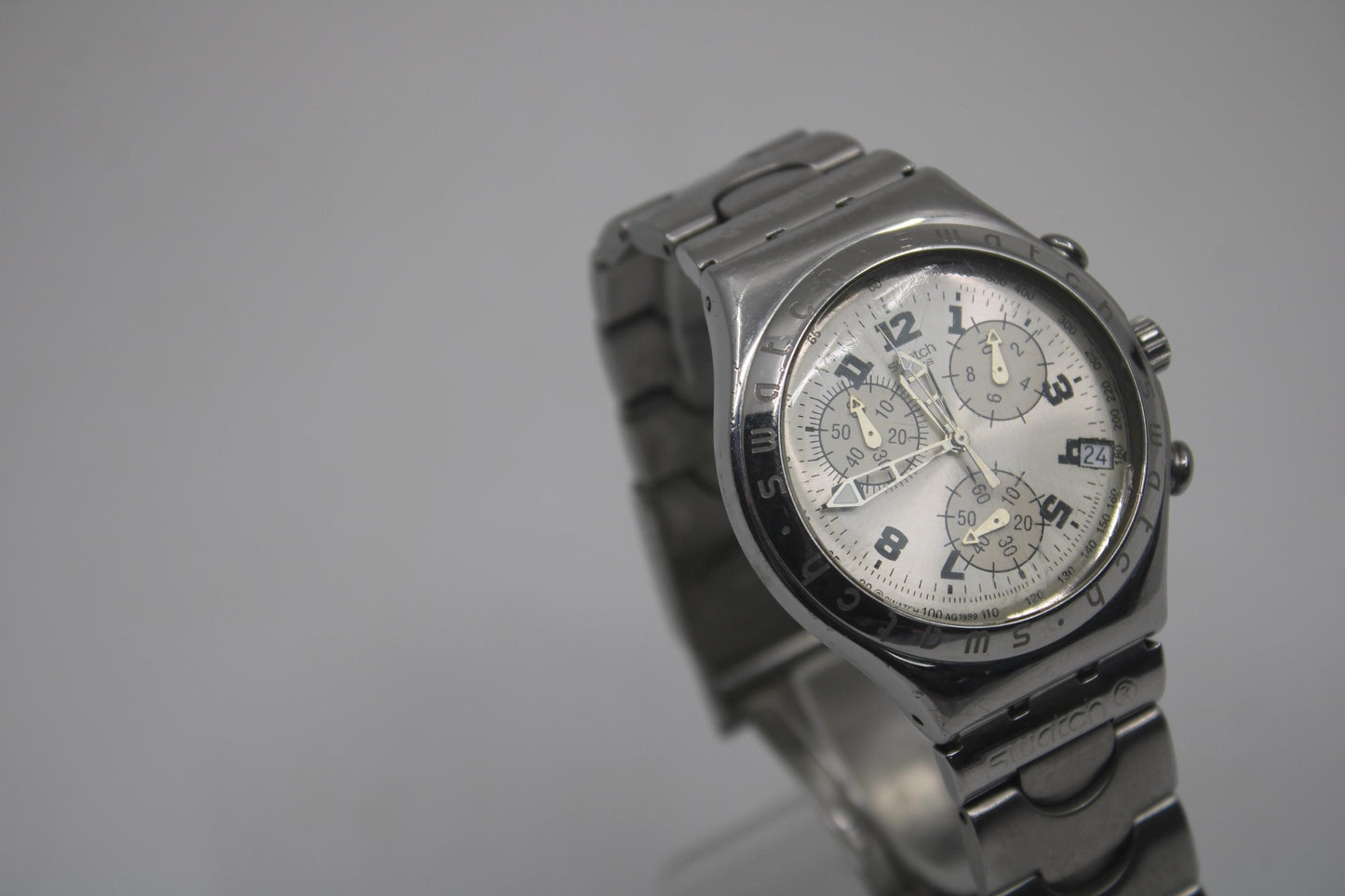 vintage IRONY Chrono Swatch YCS411, 'Cadmos White' Good, Used Condition, Clock Working