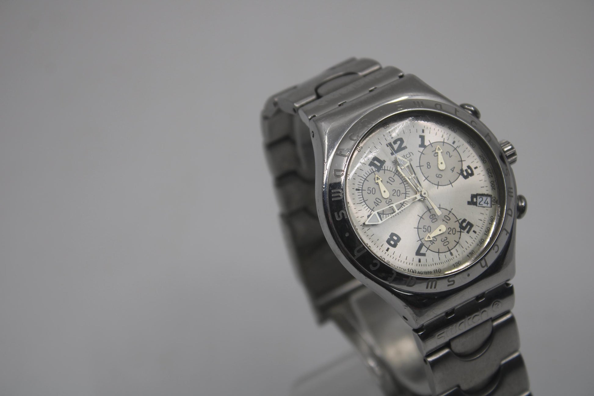 vintage IRONY Chrono Swatch YCS411, 'Cadmos White' Good, Used Condition, Clock Working