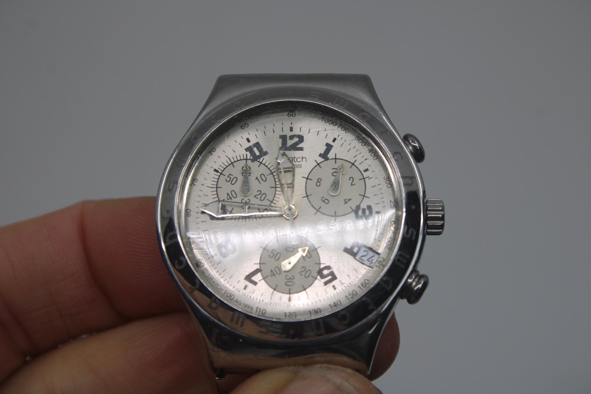 vintage IRONY Chrono Swatch YCS411, 'Cadmos White' Good, Used Condition, Clock Working