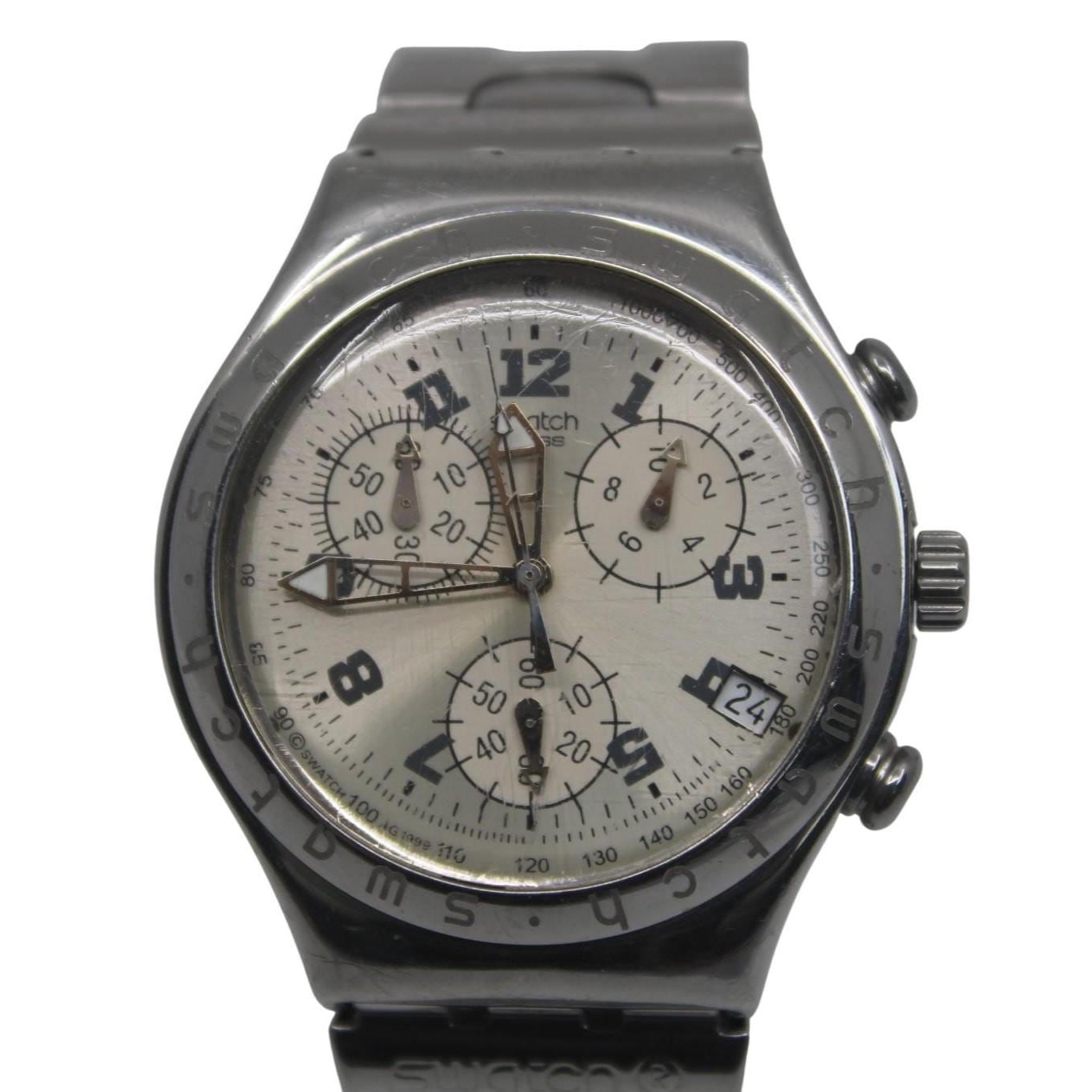 vintage IRONY Chrono Swatch YCS411, 'Cadmos White' Good, Used Condition, Clock Working