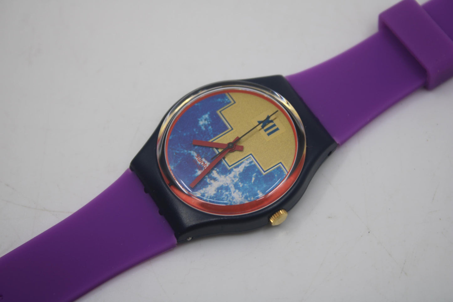 1991 Vintage Gents Swatch, 'Blue Flamingo', GN114, NO box, New old stock, never worn, new strap