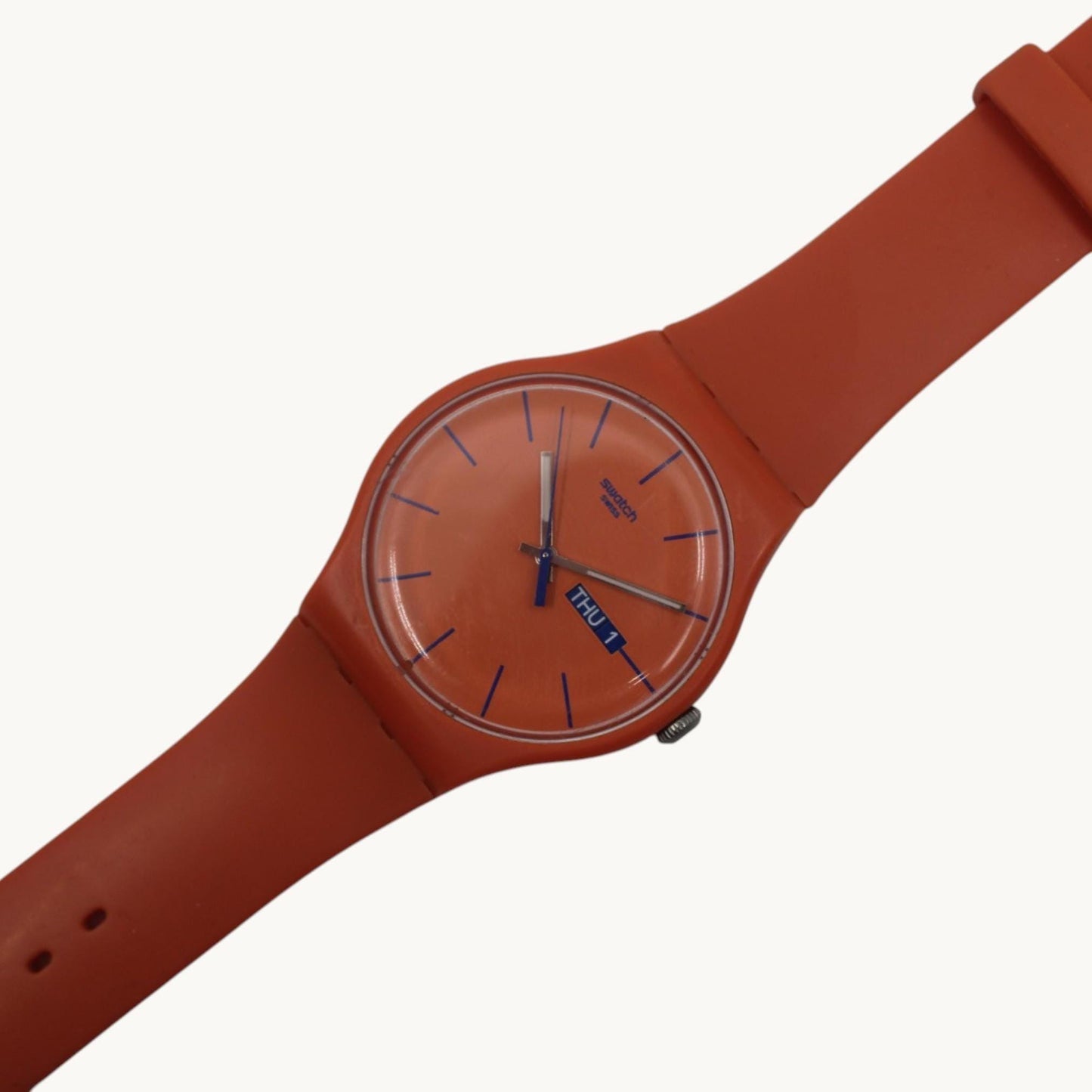 New Gents Swatch 'Orangy Pink Rebel' SUOO701, VERY nice used condition, working