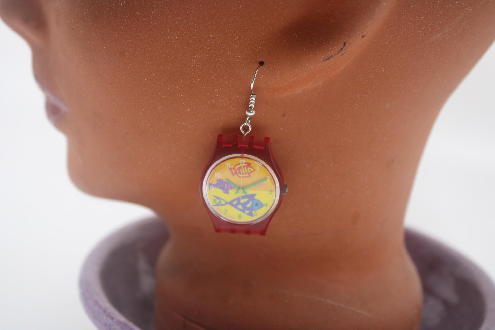 Swatch ear rings made from recycled 25mm ladies Swatch, set of 2