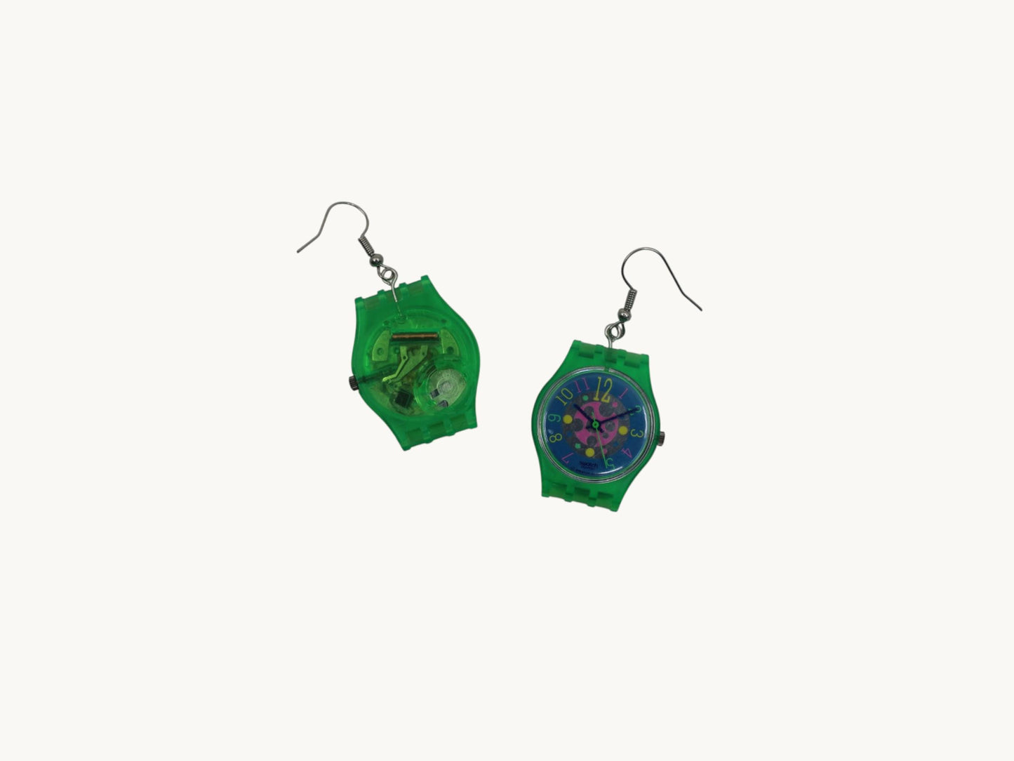 Swatch ear rings made from recycled 25mm ladies Swatch, set of 2