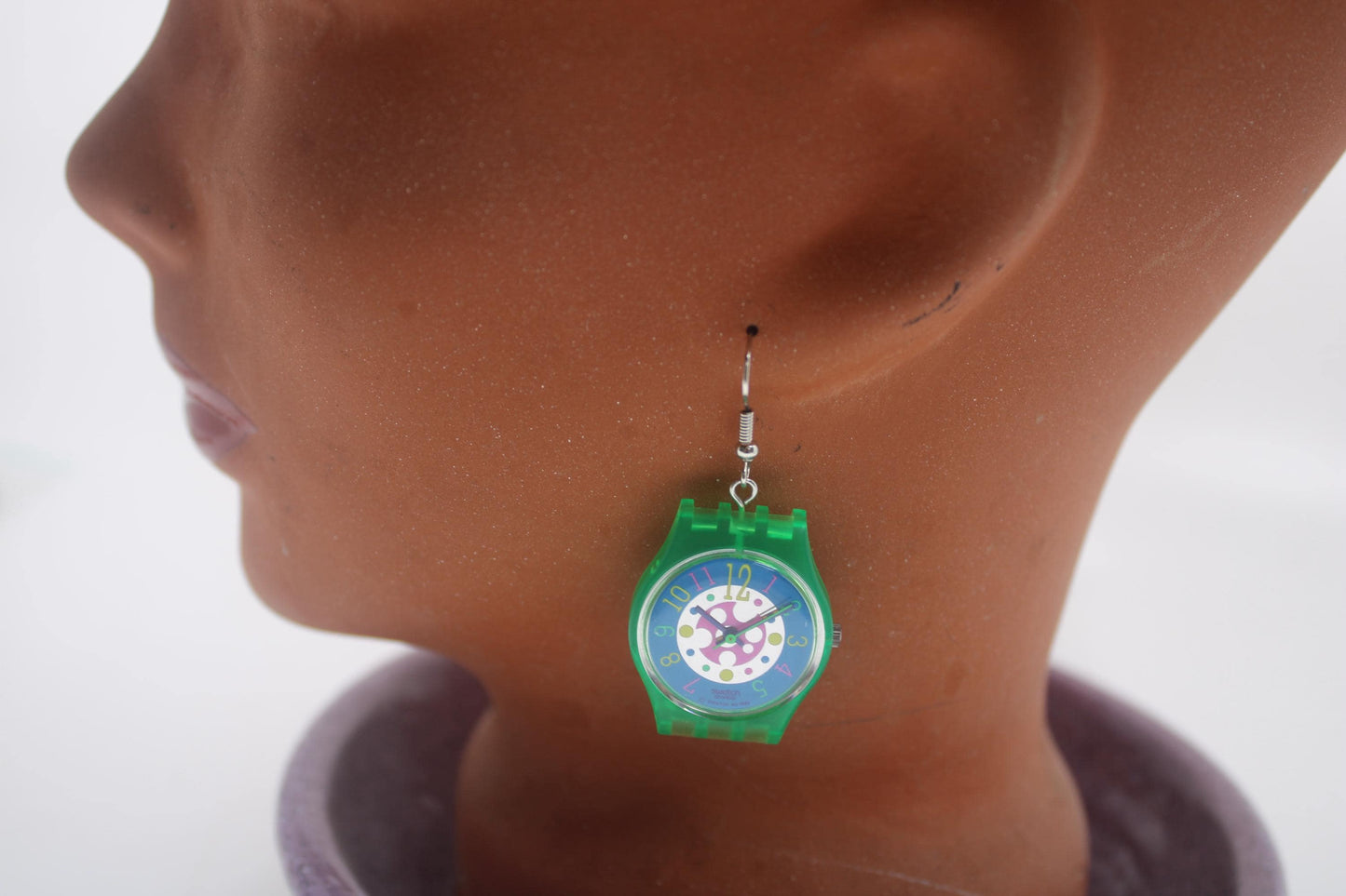 Swatch ear rings made from recycled 25mm ladies Swatch, set of 2