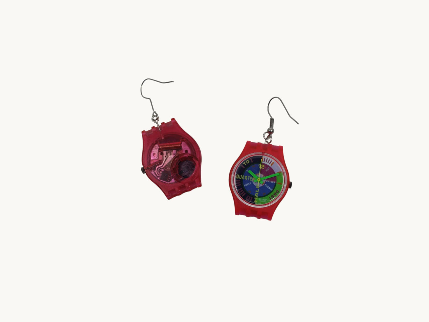 Swatch ear rings made from recycled 25mm ladies Swatch, set of 2