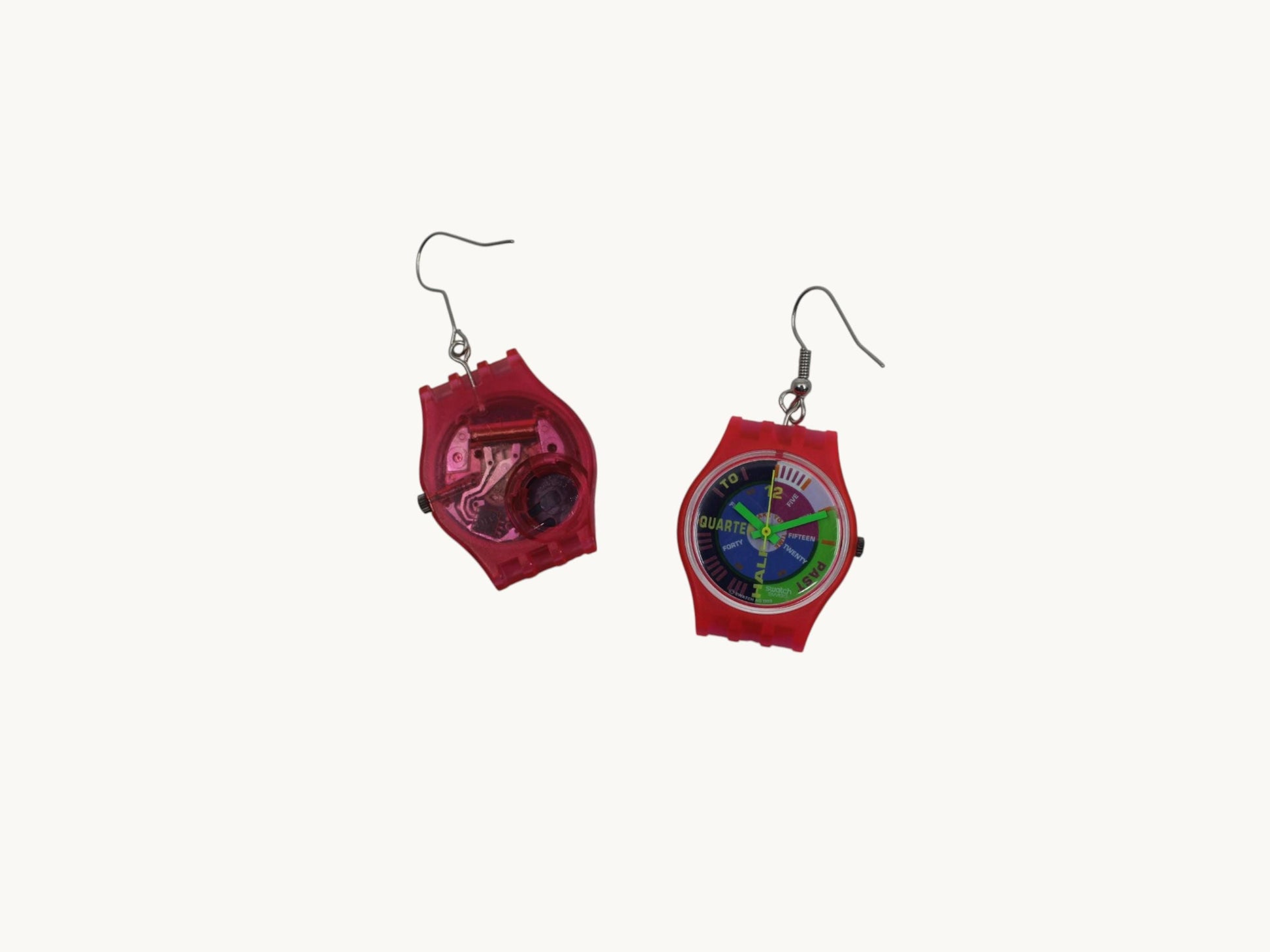 Swatch ear rings made from recycled 25mm ladies Swatch, set of 2
