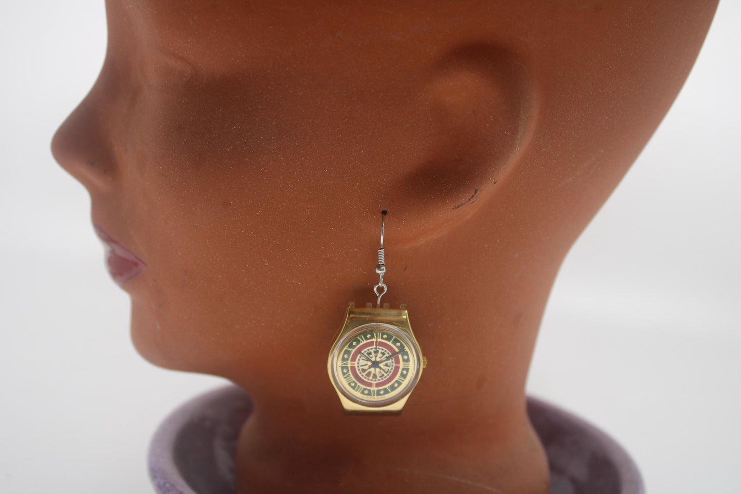 Swatch ear rings made from recycled 25mm ladies Swatch, set of 2