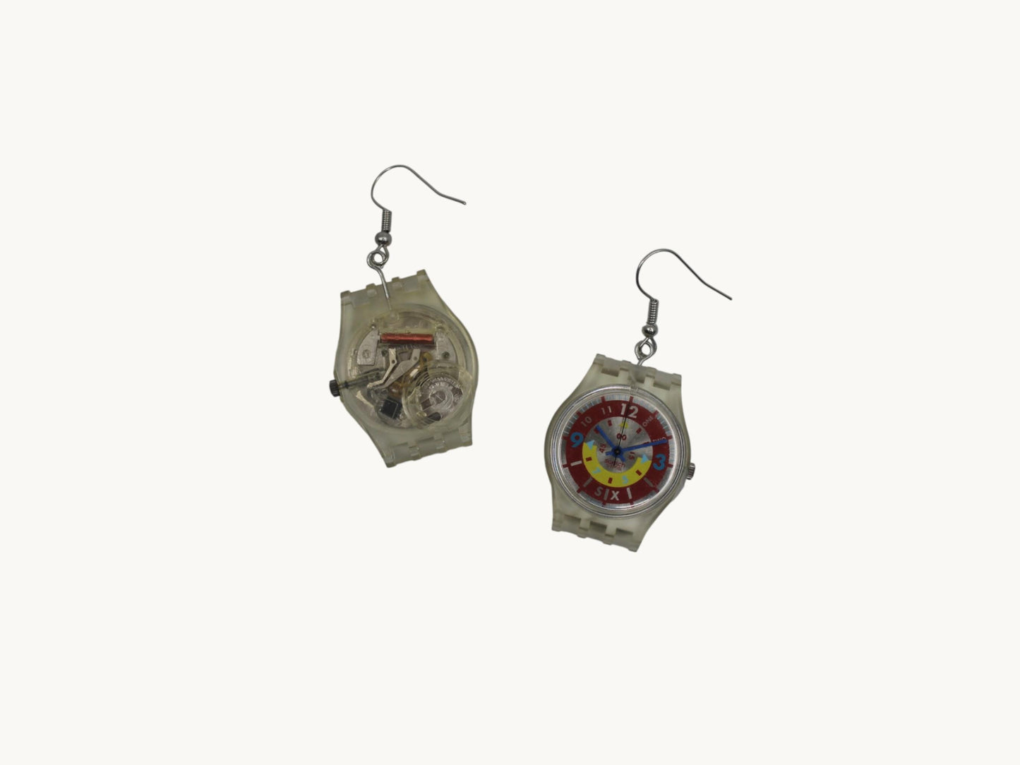 Swatch ear rings made from recycled 25mm ladies Swatch, set of 2