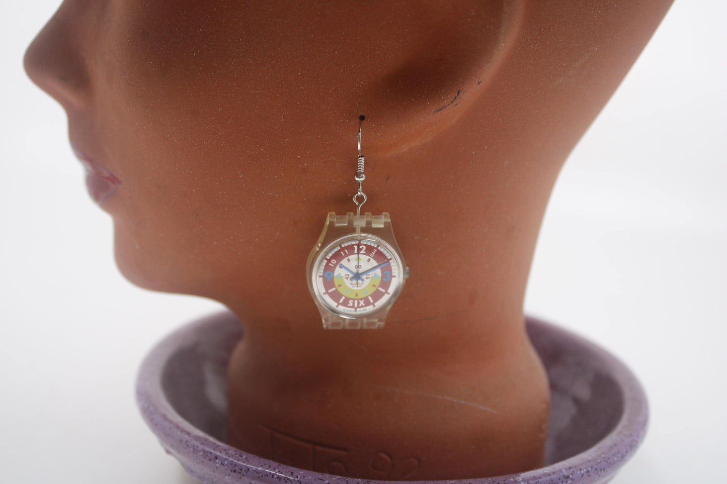 Swatch ear rings made from recycled 25mm ladies Swatch, set of 2