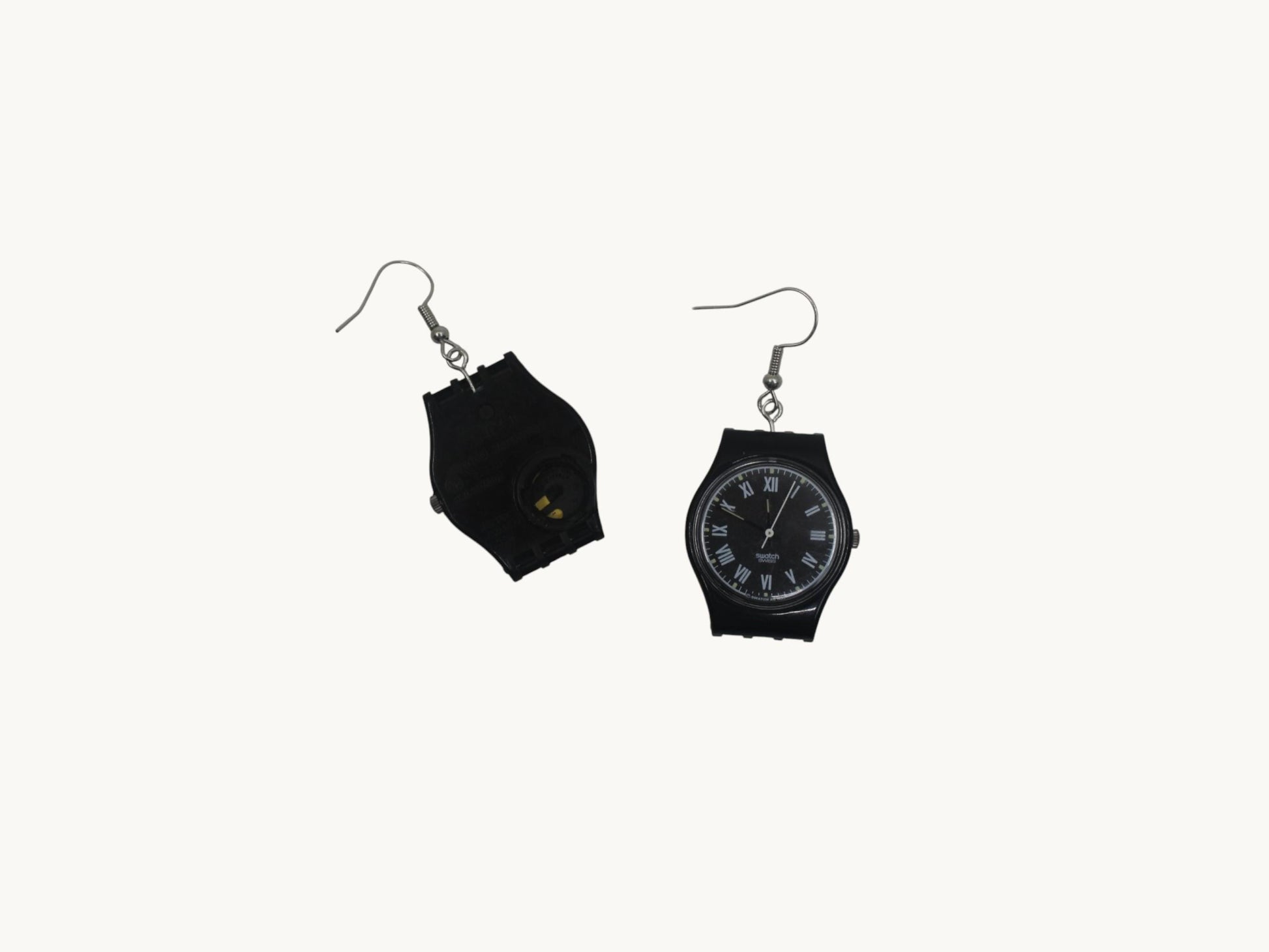 Swatch ear rings made from recycled 25mm ladies Swatch, set of 2