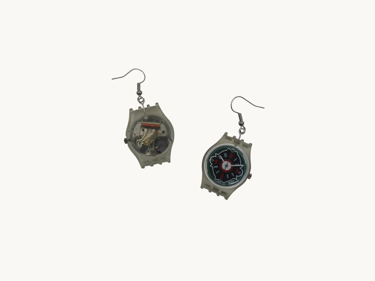 Swatch ear rings made from recycled 25mm ladies Swatch, set of 2