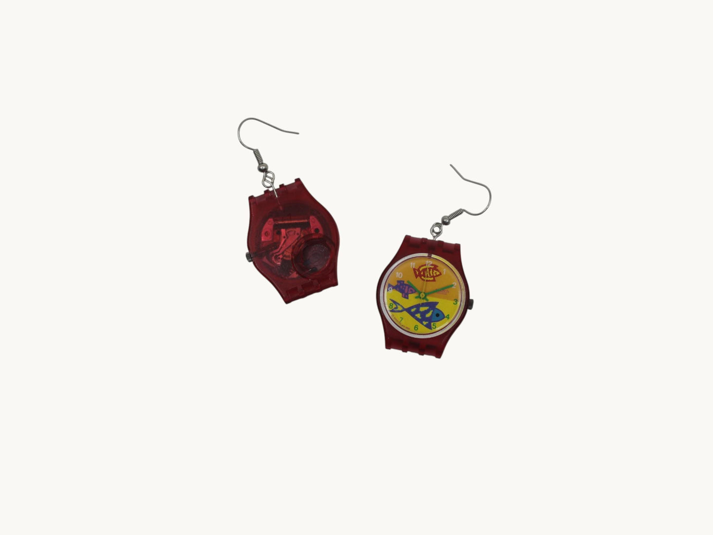 Swatch ear rings made from recycled 25mm ladies Swatch, set of 2