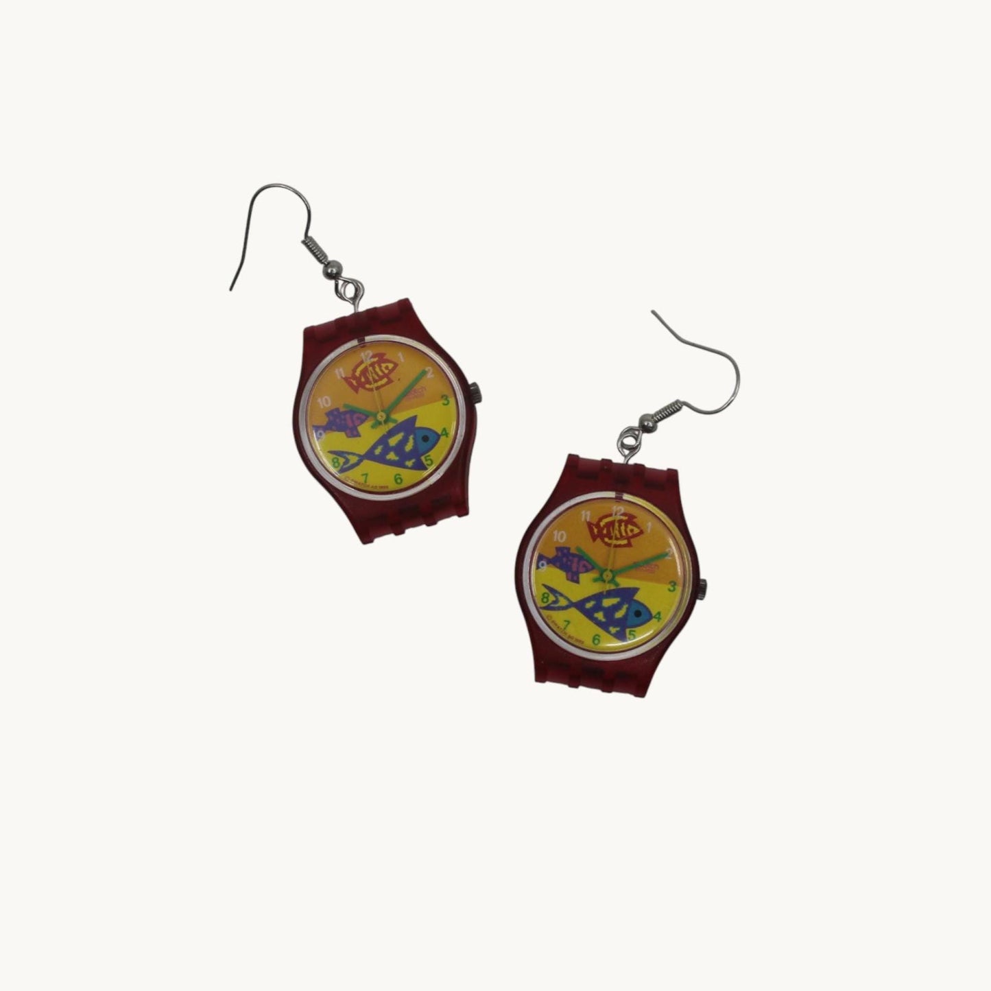 Swatch ear rings made from recycled 25mm ladies Swatch, set of 2