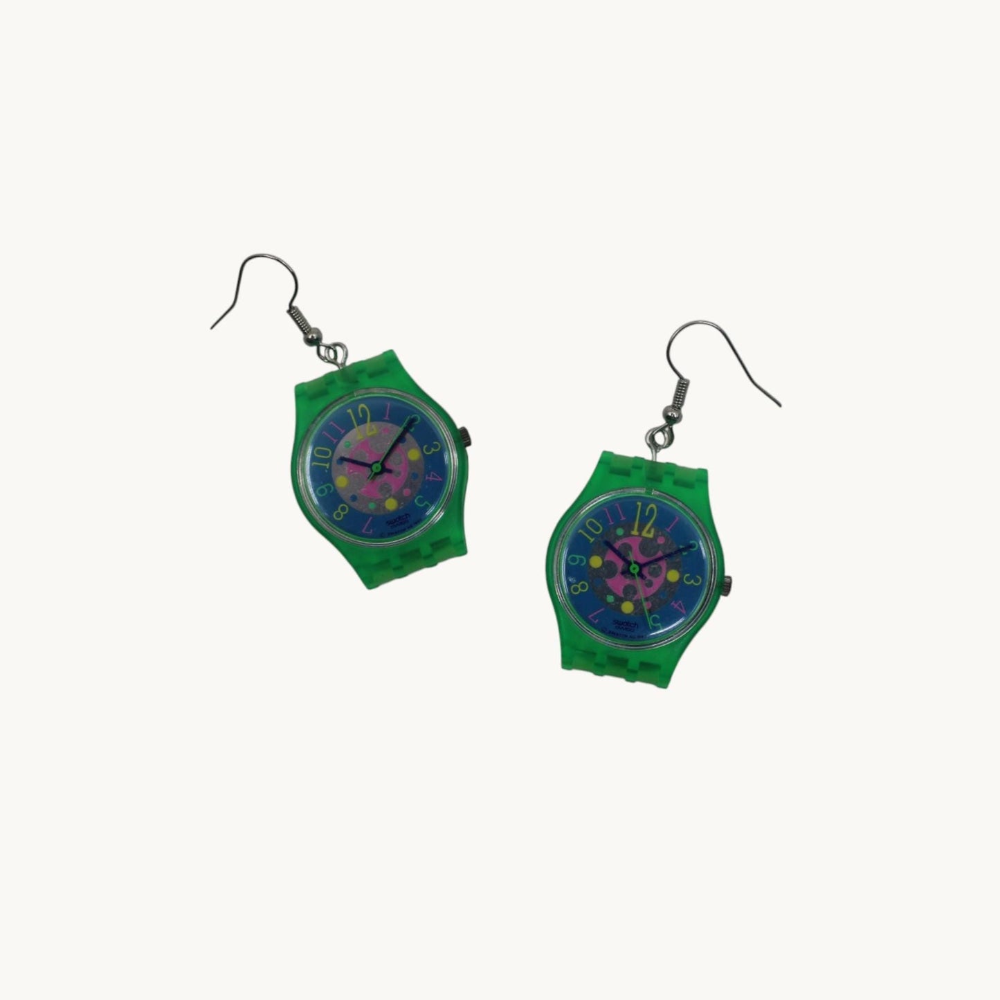 Swatch ear rings made from recycled 25mm ladies Swatch, set of 2