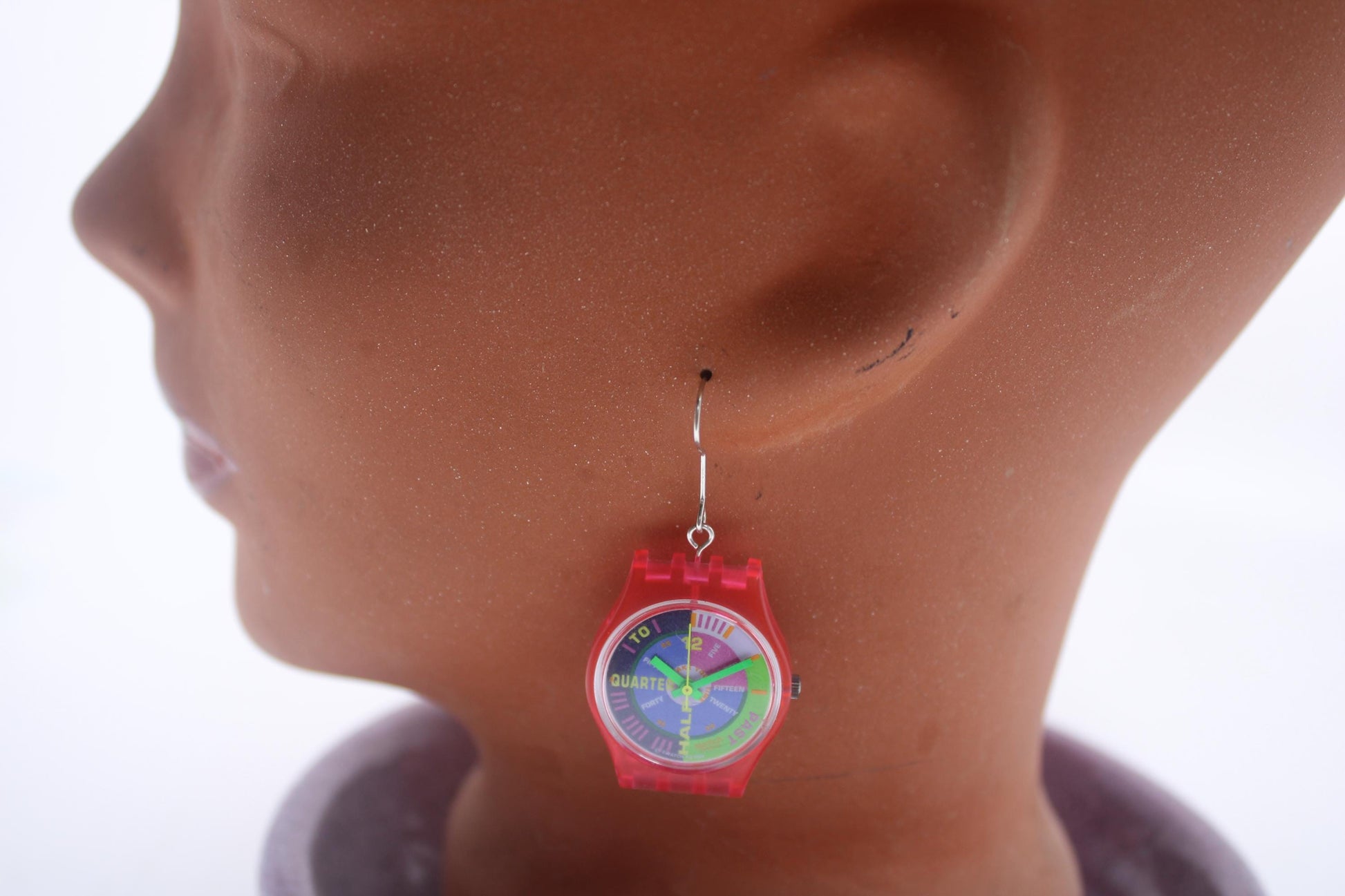 Swatch ear rings made from recycled 25mm ladies Swatch, set of 2