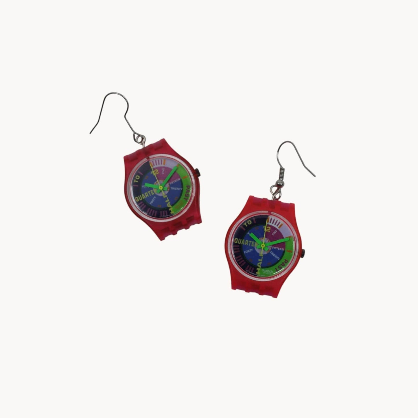 Swatch ear rings made from recycled 25mm ladies Swatch, set of 2