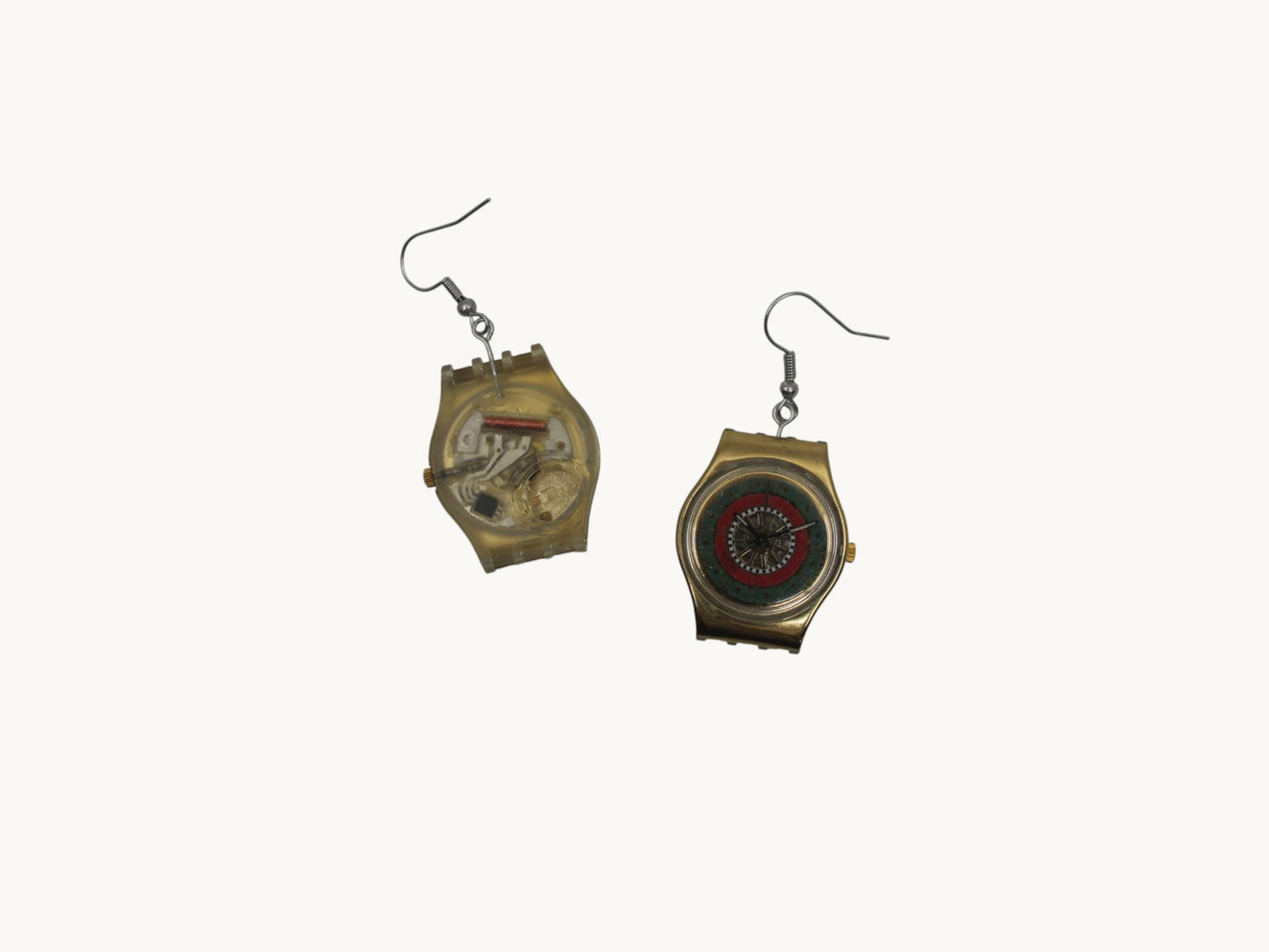 Swatch ear rings made from recycled 25mm ladies Swatch, set of 2