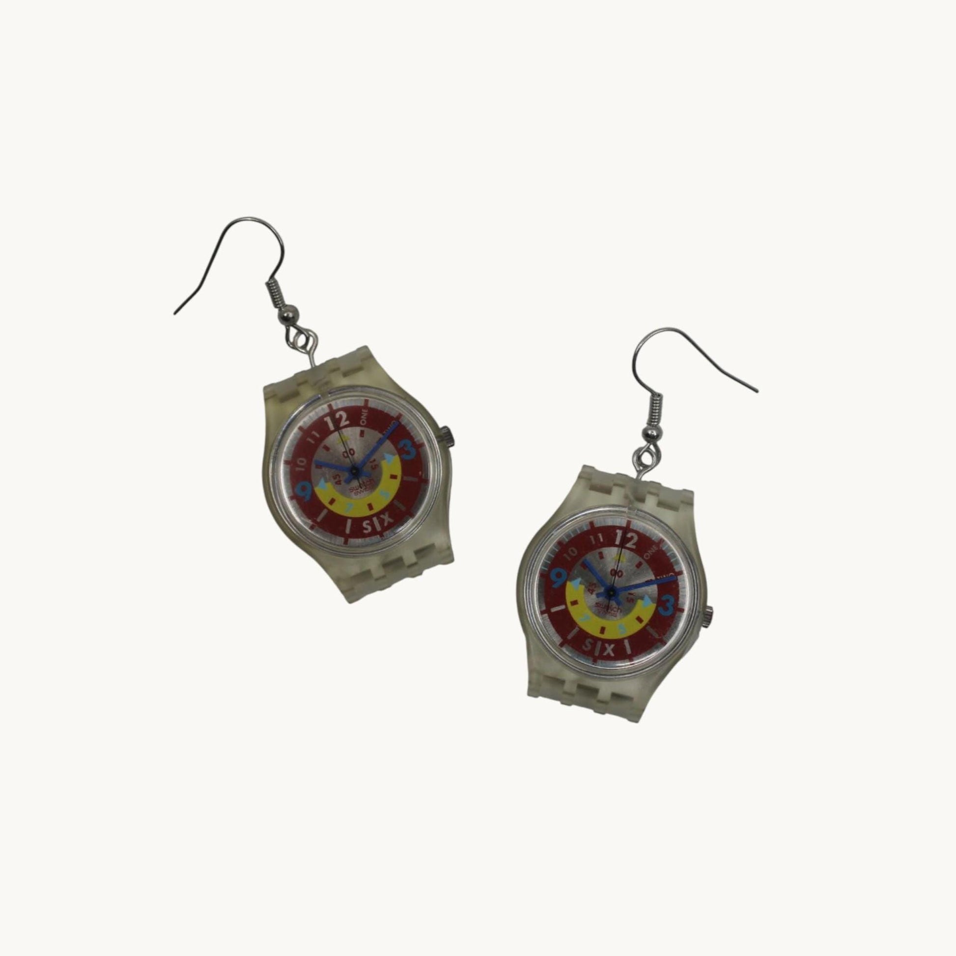 Swatch ear rings made from recycled 25mm ladies Swatch, set of 2