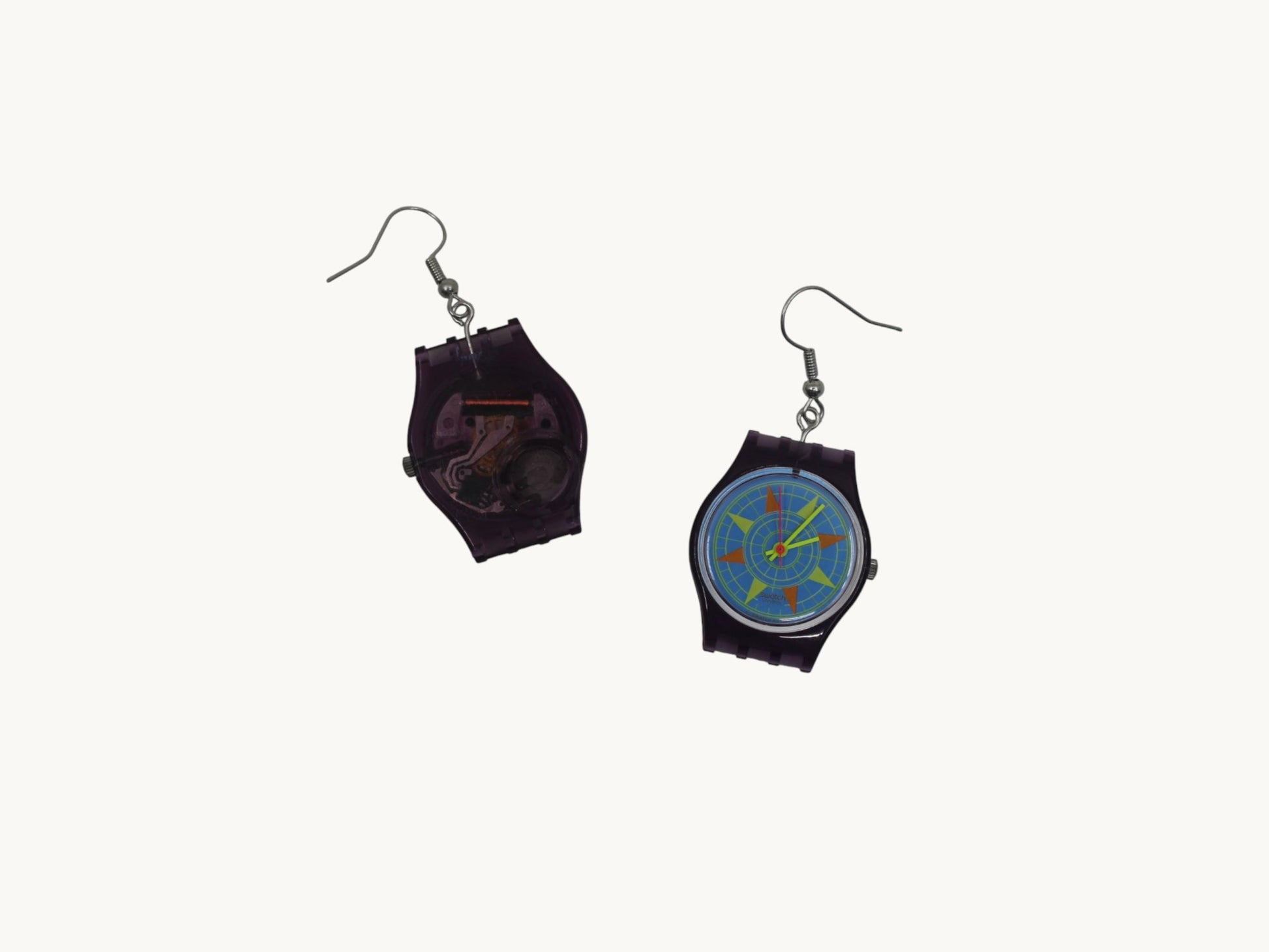 Swatch ear rings made from recycled 25mm ladies Swatch, set of 2