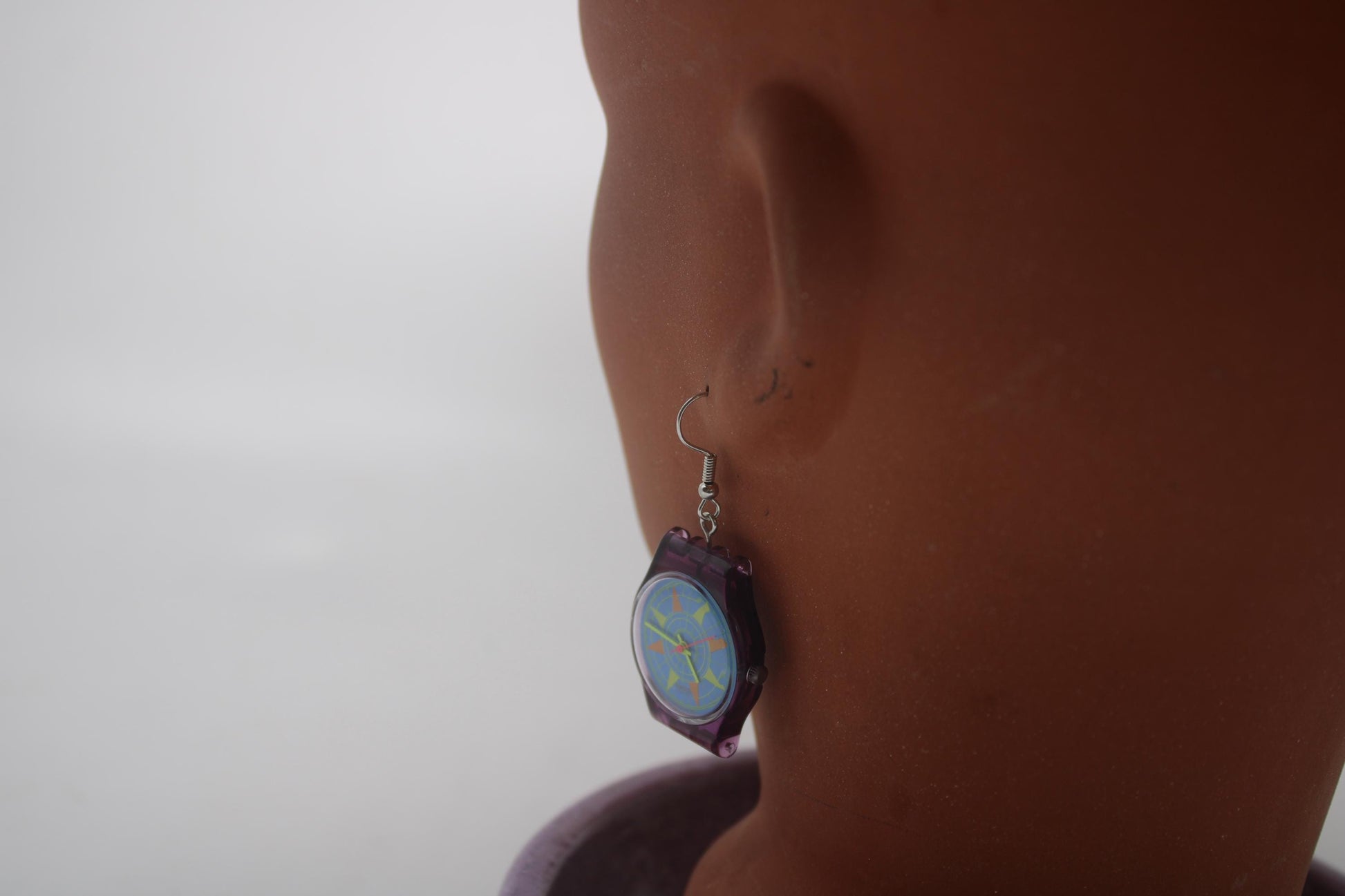 Swatch ear rings made from recycled 25mm ladies Swatch, set of 2
