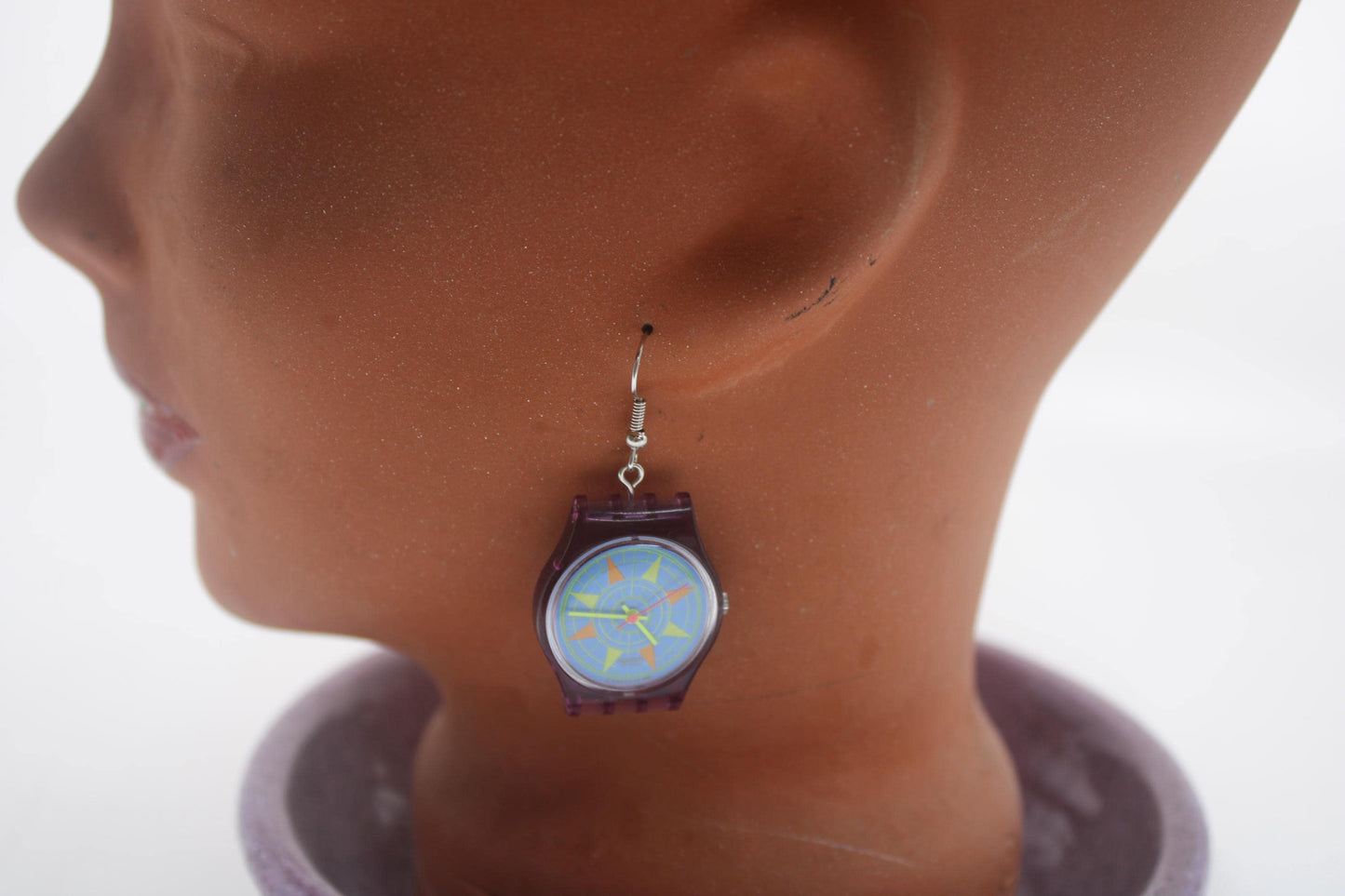 Swatch ear rings made from recycled 25mm ladies Swatch, set of 2