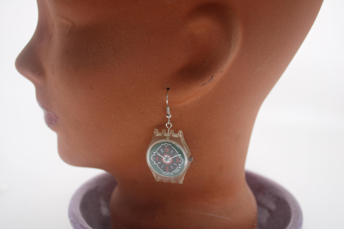Swatch ear rings made from recycled 25mm ladies Swatch, set of 2