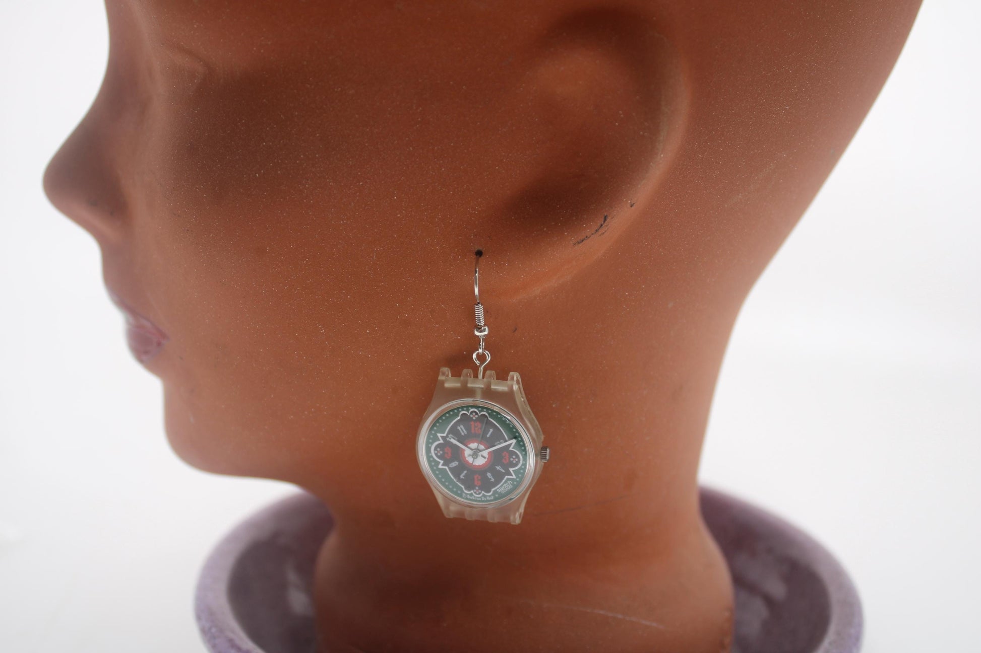 Swatch ear rings made from recycled 25mm ladies Swatch, set of 2