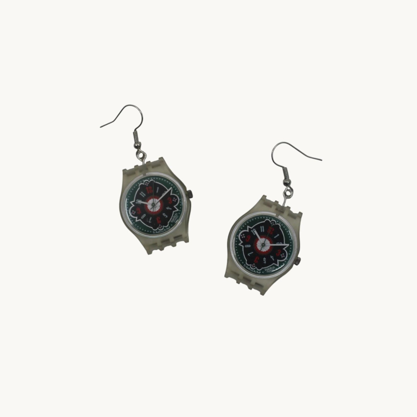 Swatch ear rings made from recycled 25mm ladies Swatch, set of 2