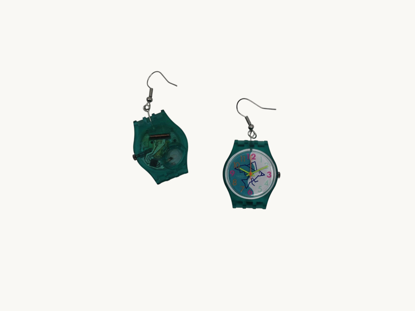 Swatch ear rings made from recycled 25mm ladies Swatch, set of 2