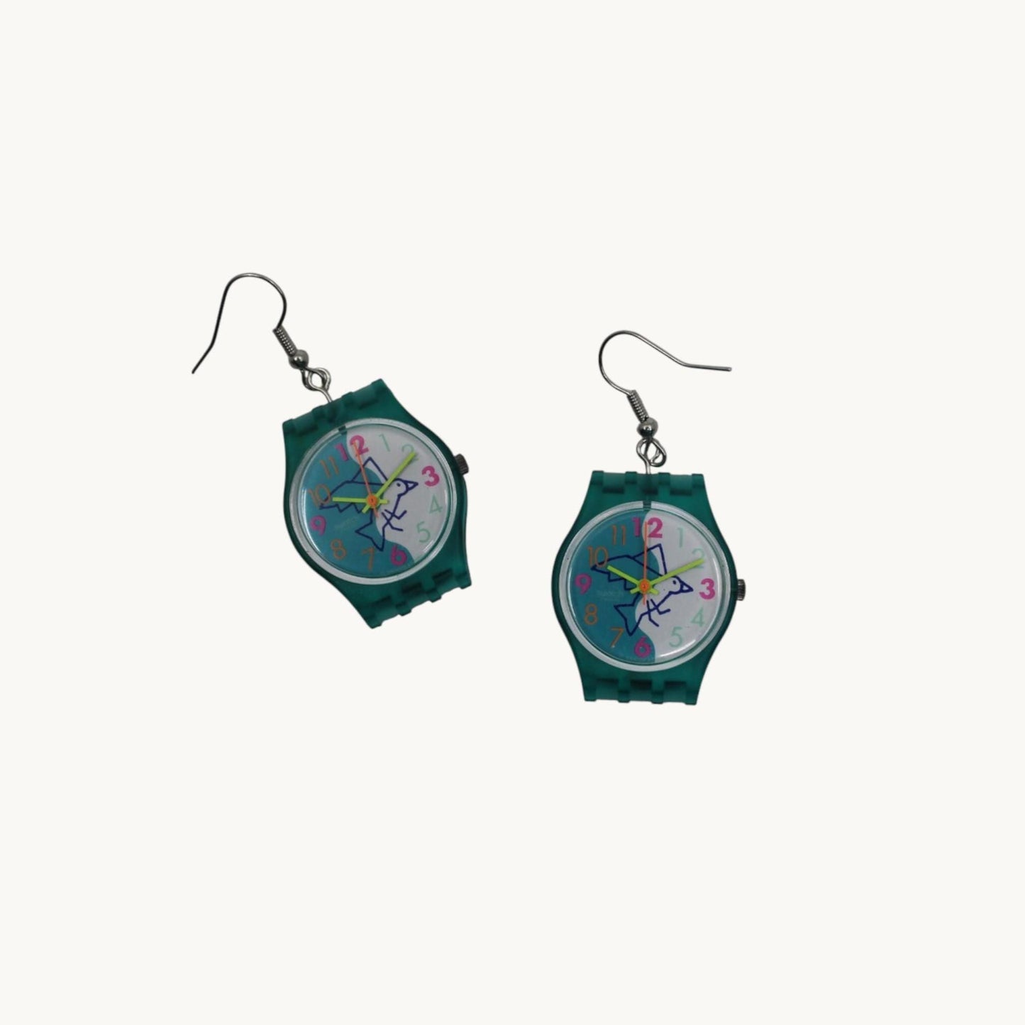 Swatch ear rings made from recycled 25mm ladies Swatch, set of 2