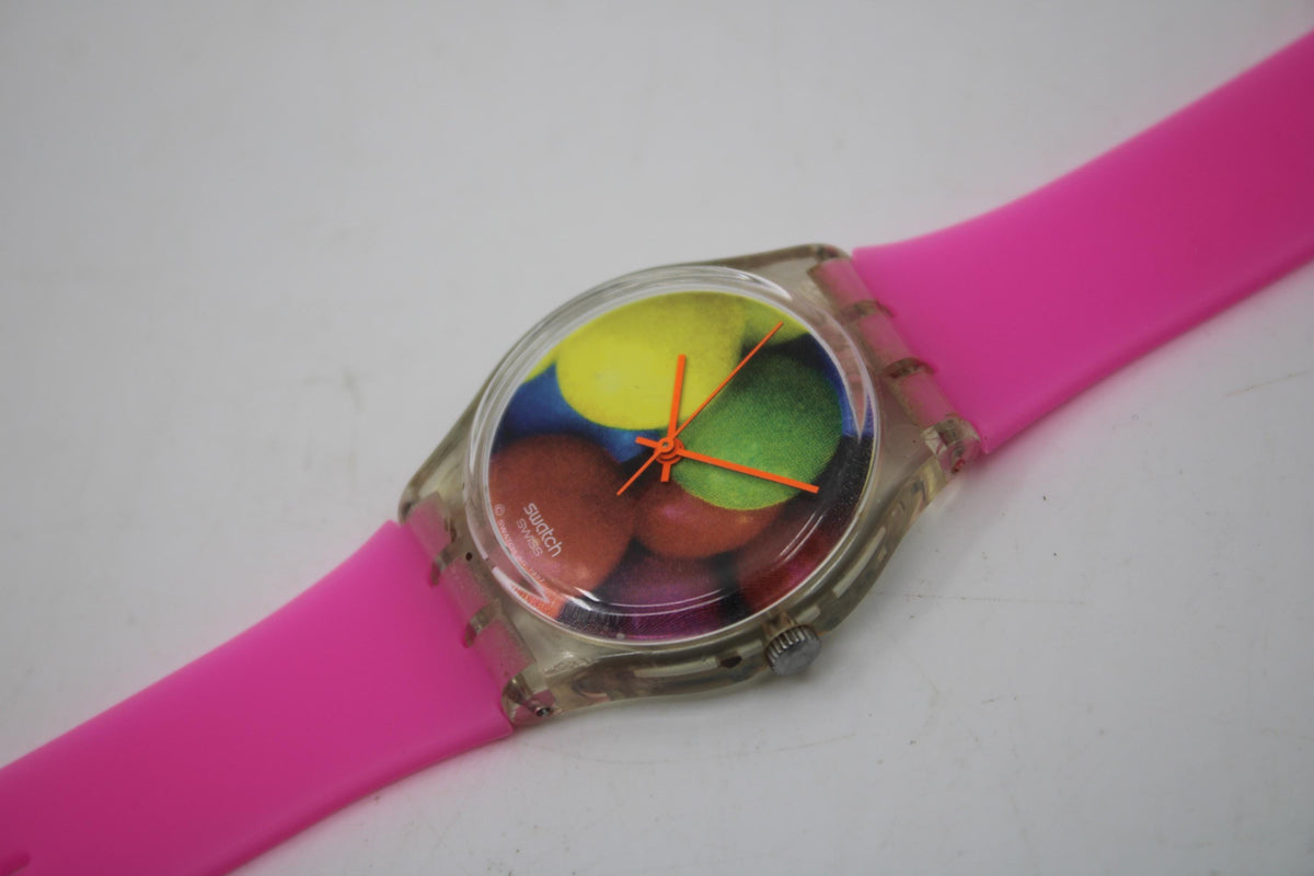 Vintage Gents 34mm Swatch, Bubblegum, GK283, very nice, used condition, working